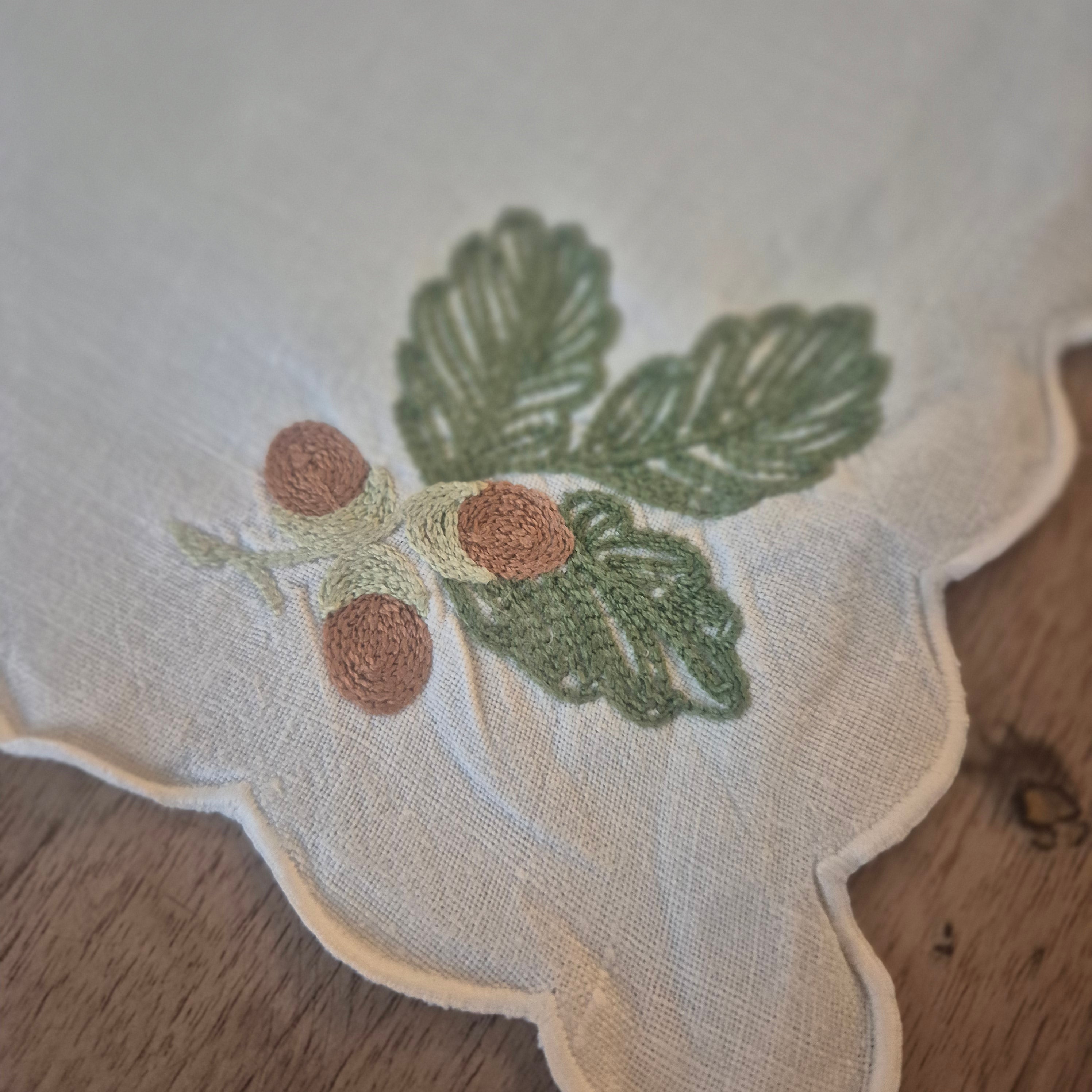 Vintage Leinen Baumwolle Stoff Serviette Einstecktuch Eicheln 42x42cm