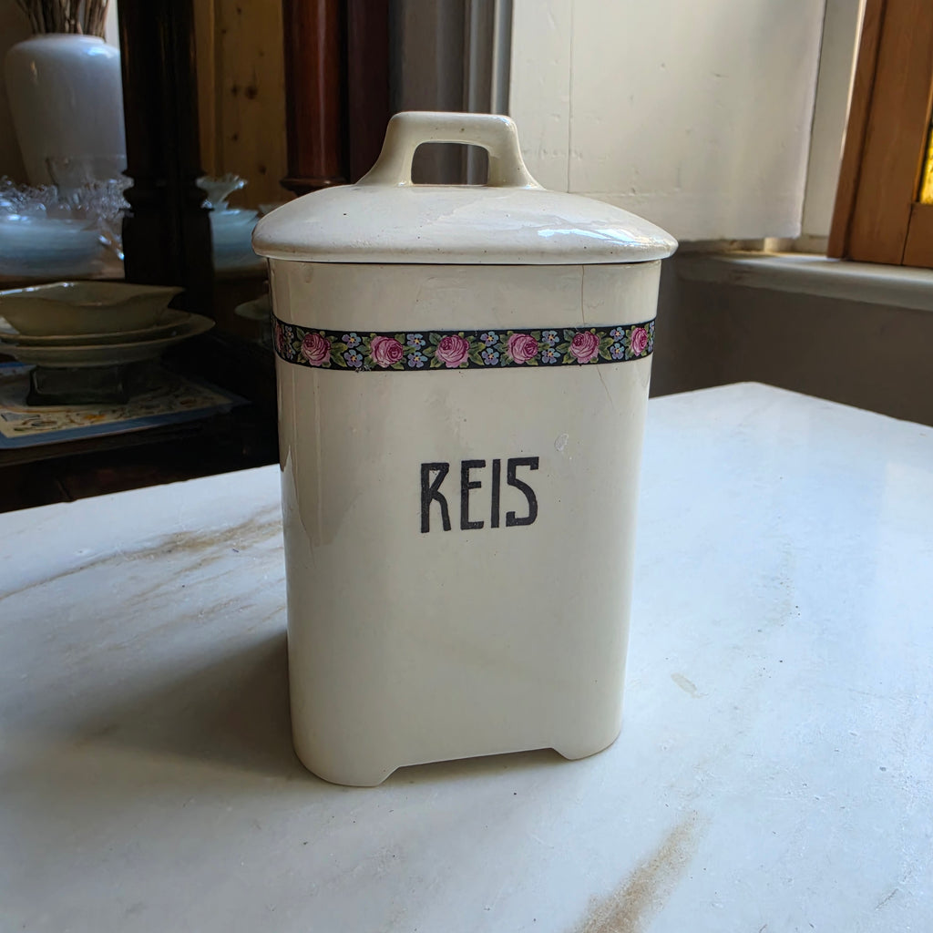 Antike Vorratsdose Jugendstil Keramik mit Aufschrift "Reis"