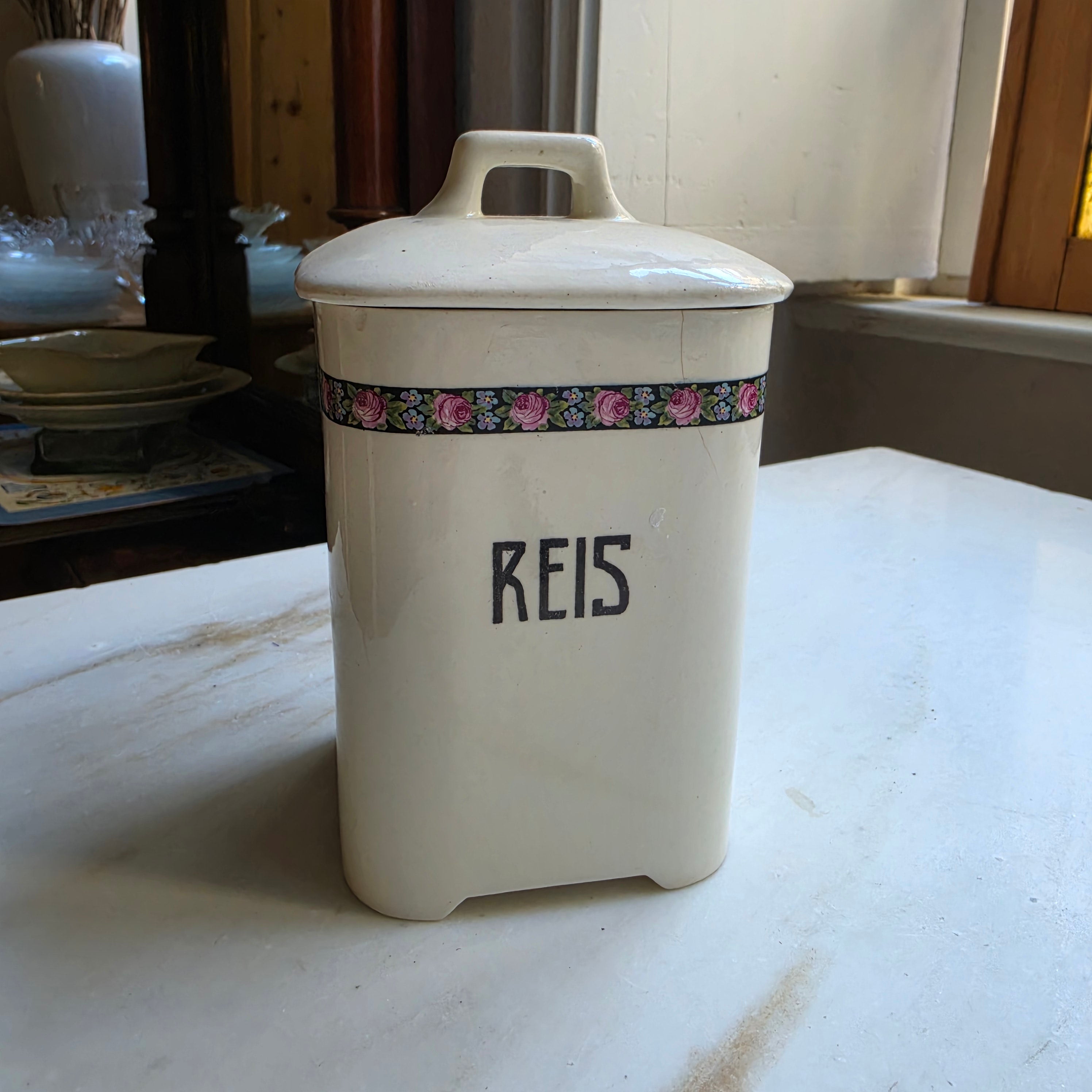 Antike Vorratsdose Jugendstil Keramik mit Aufschrift "Reis"