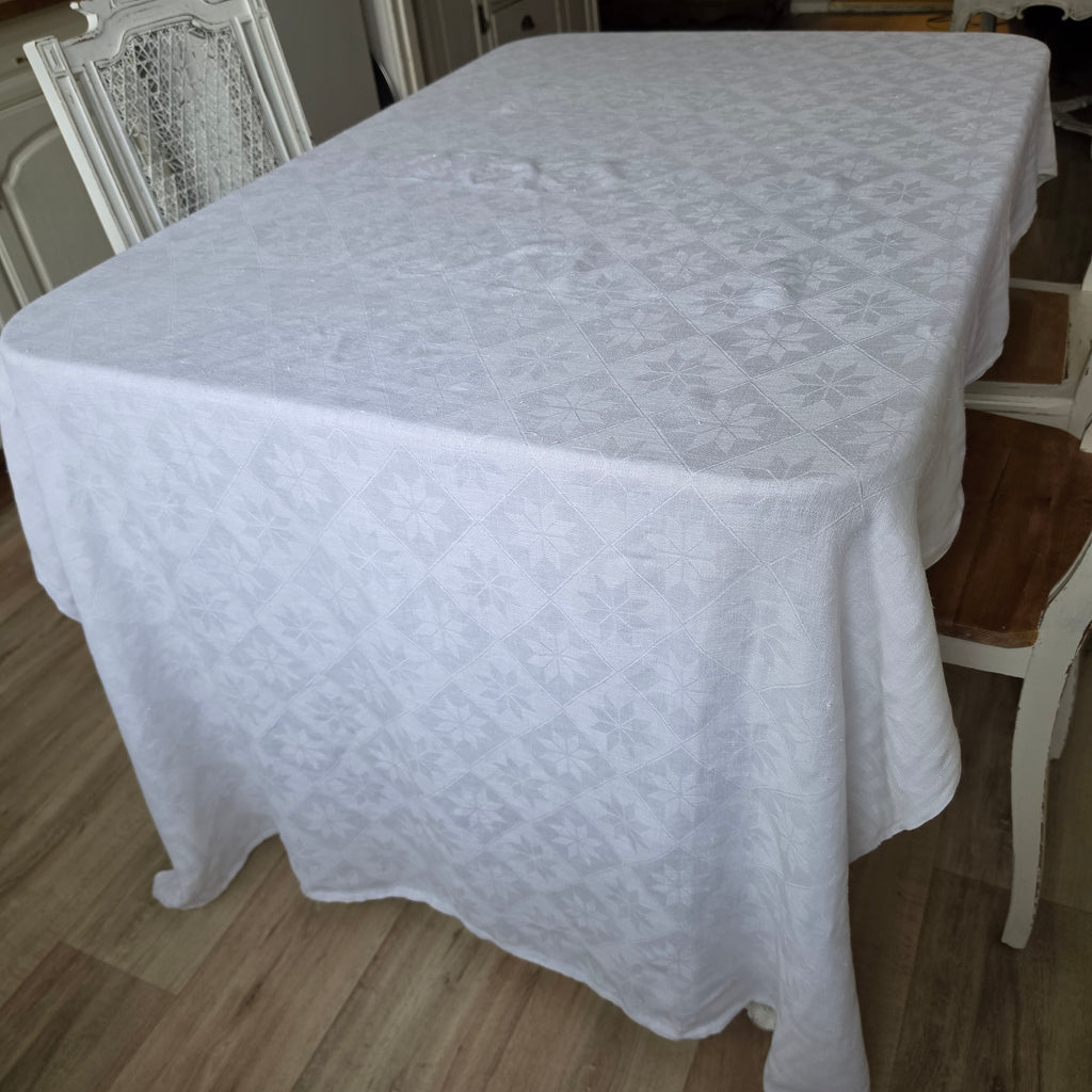 Antike Damast-Tischdecke Leinen | Sternenmuster & Mäander-Rand | Für Upcycling / Shabby 250x125cm