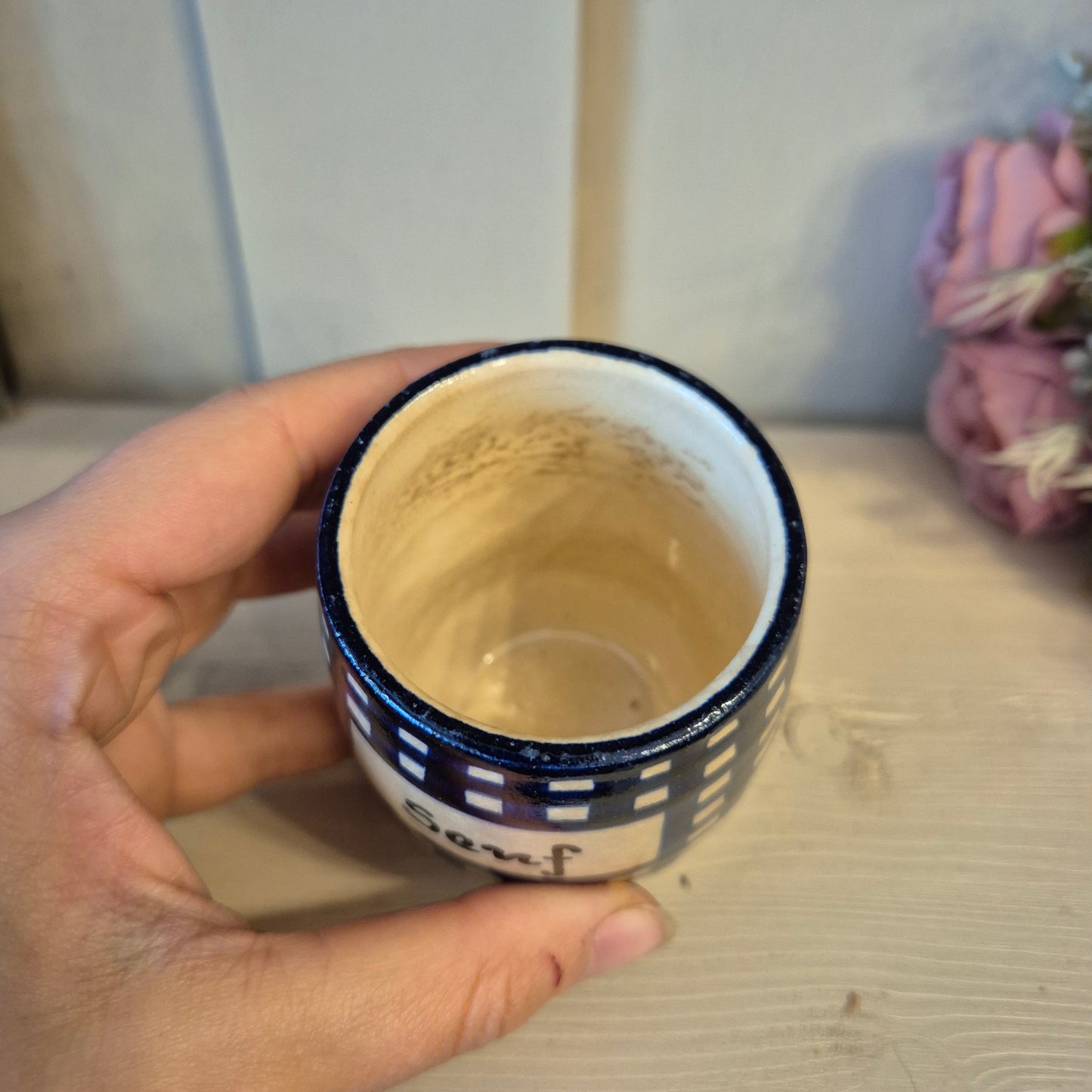 Alte kleine Keramik Gewürzdose mit Deckel mit Aufschrift " Senf" blau weiß