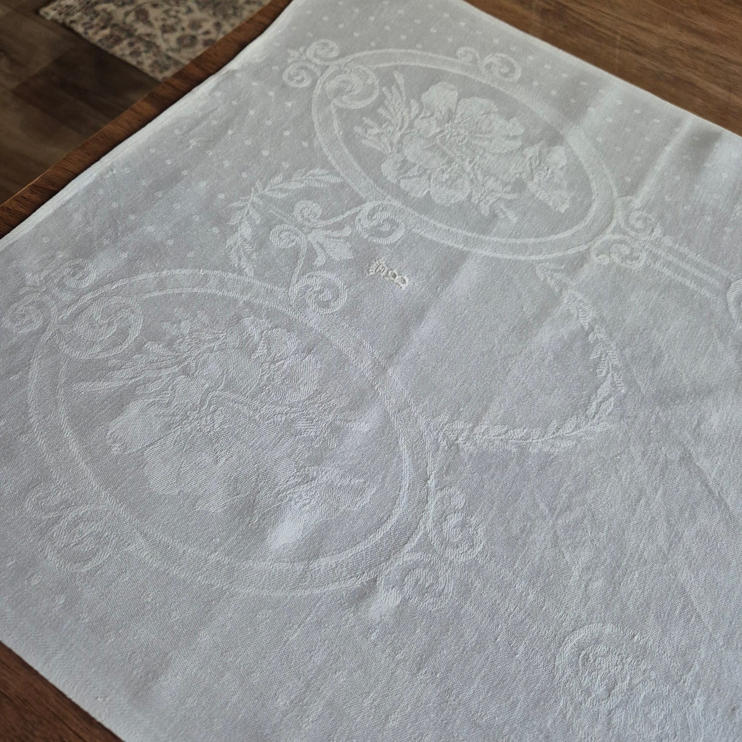 Jugendstil Küchen-&Geschirrtuch Damast mit Initialen B. und Krone 50x115cm Baumwolle weiß