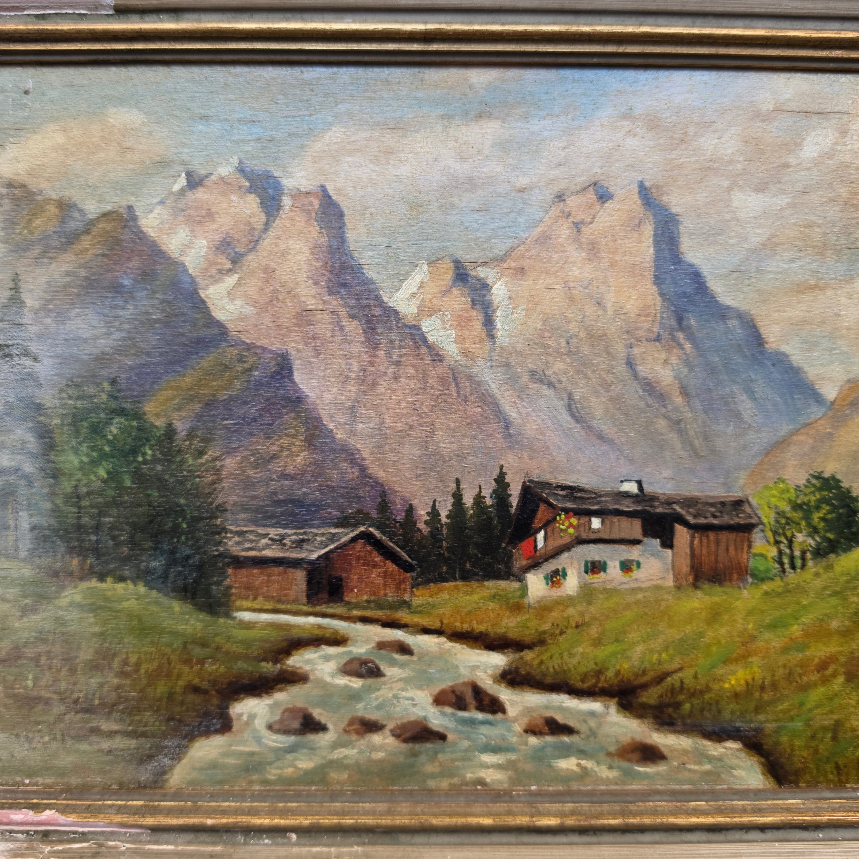 Antikes Ölgemälde „Alpenlandschaft mit Bergdorf & Bachlauf“ im rustikalen Vintage-Holzrahmen