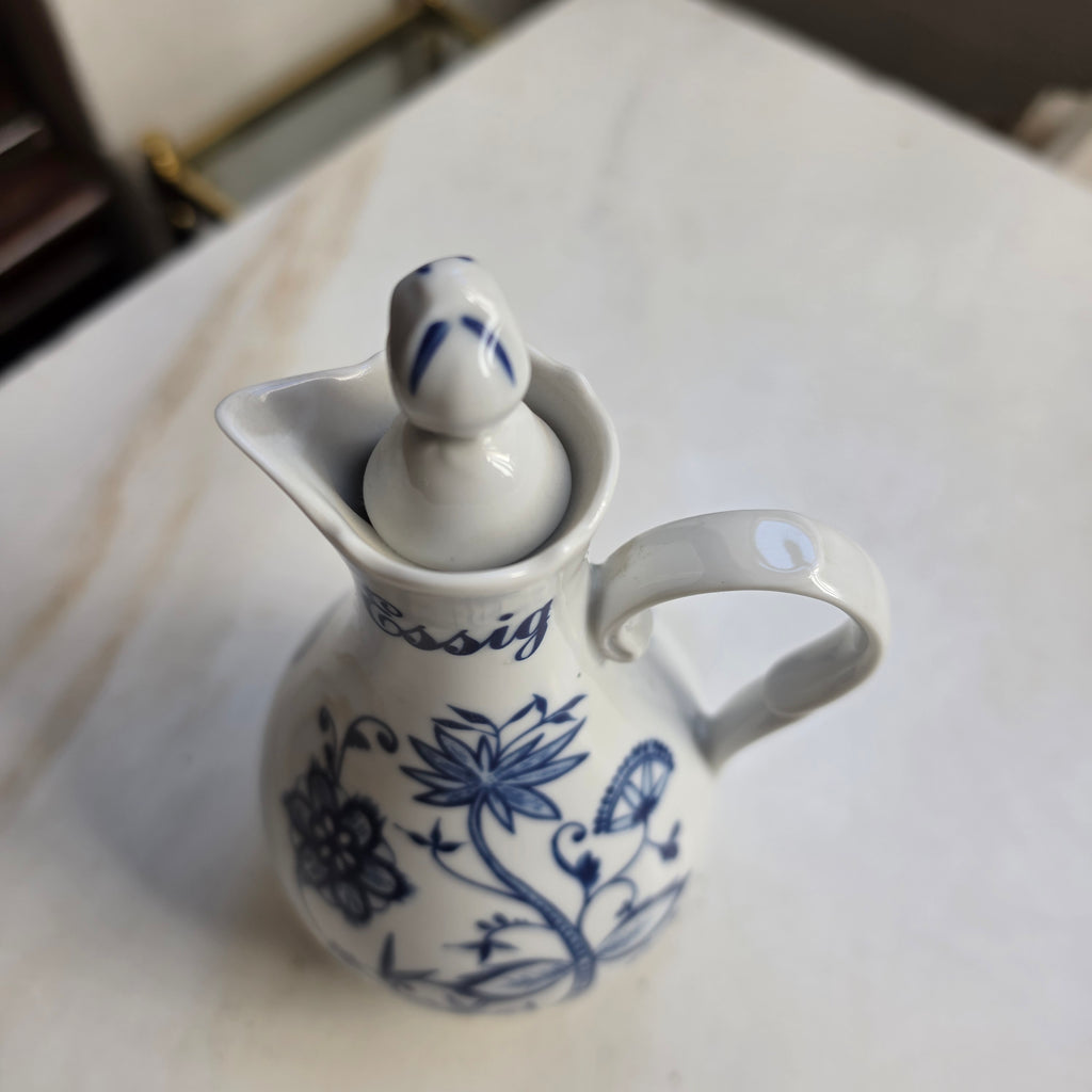 Altes Essig Kännchen mit Deckel Indisch Blau Strohblume Vintage Essigspender Ölspender