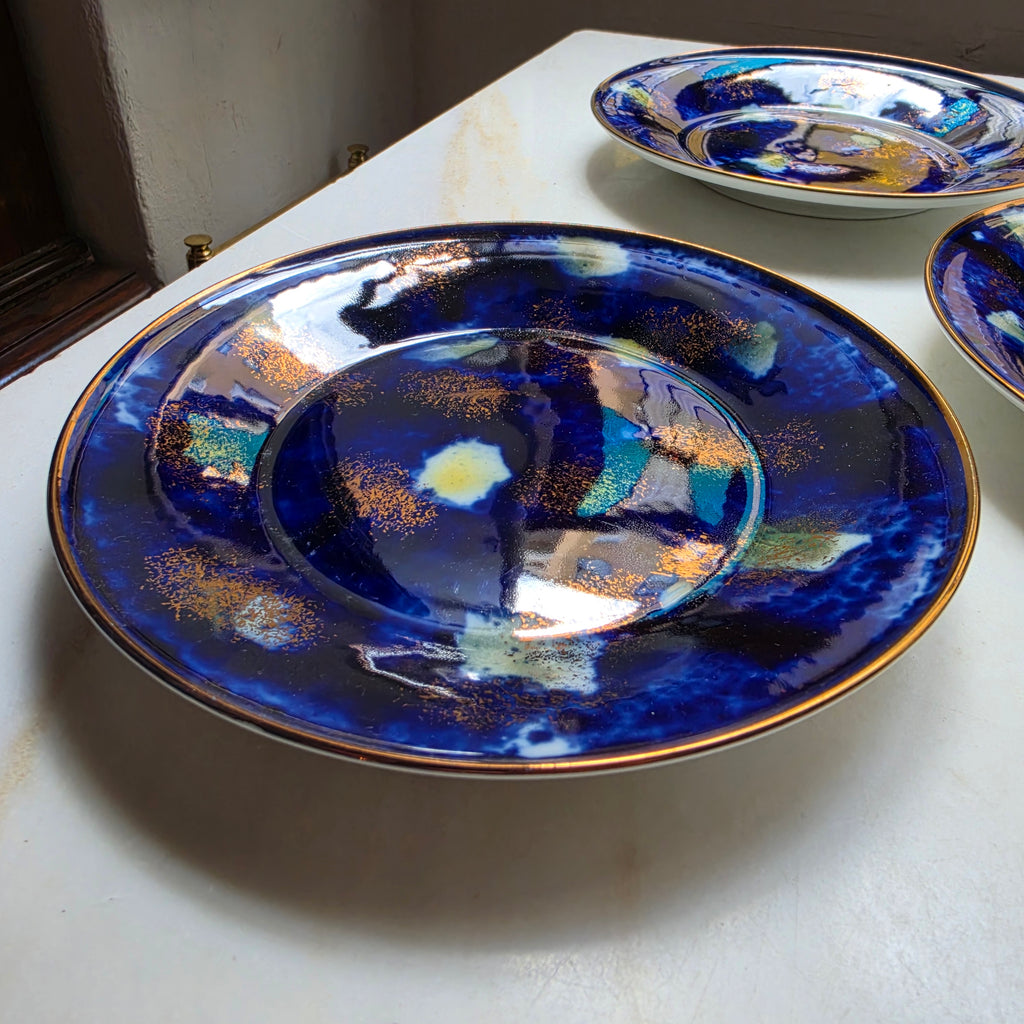 5x Set Vintage Wallendorf Porzellan Teller „Echt Kobalt“ & Gold – Handbemalt, Made in GDR - Mid-Century / Space Age
