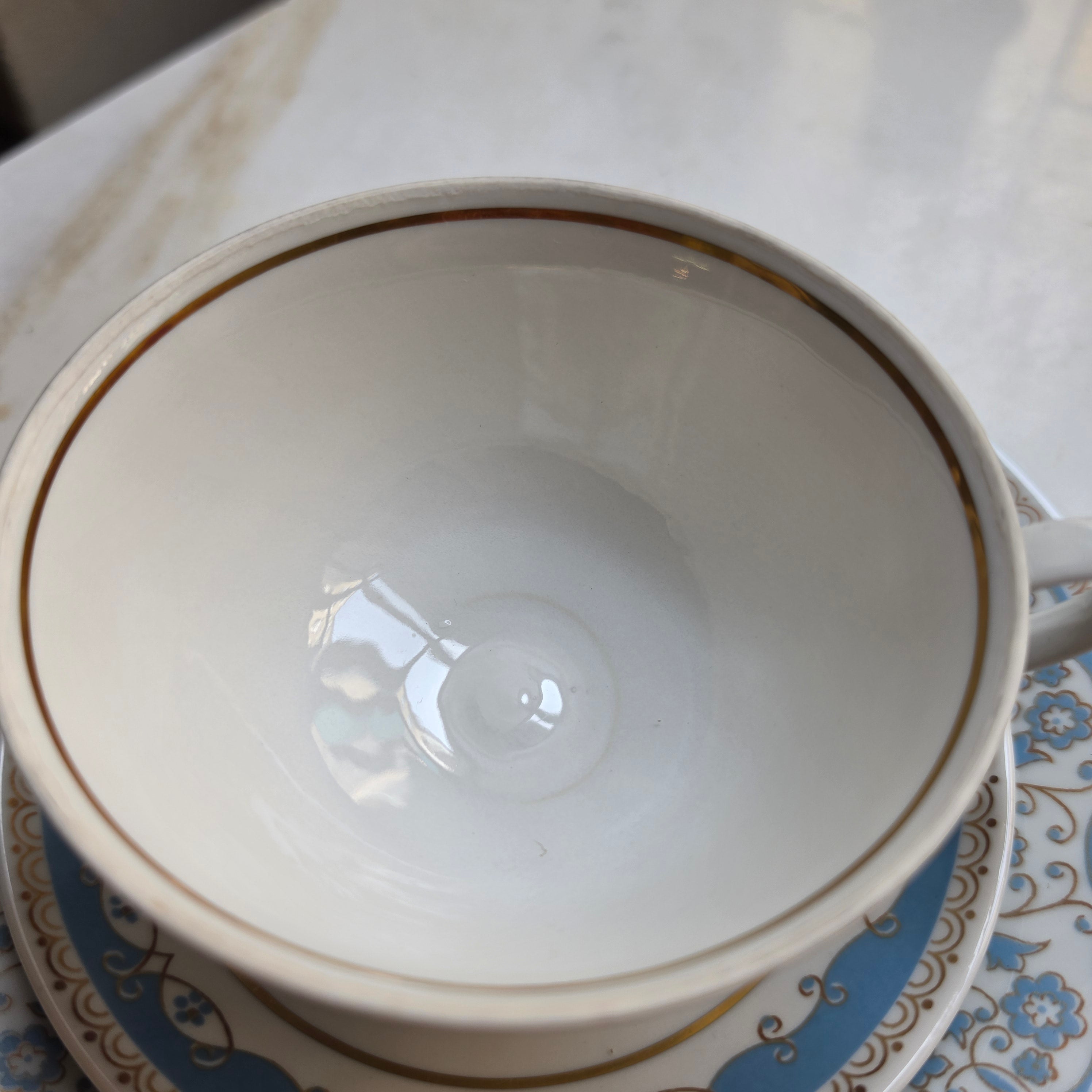 Antikes Teegedeck 3-teilig – CP Lettin Porzellan mit blauer Ornamentik & Goldrand