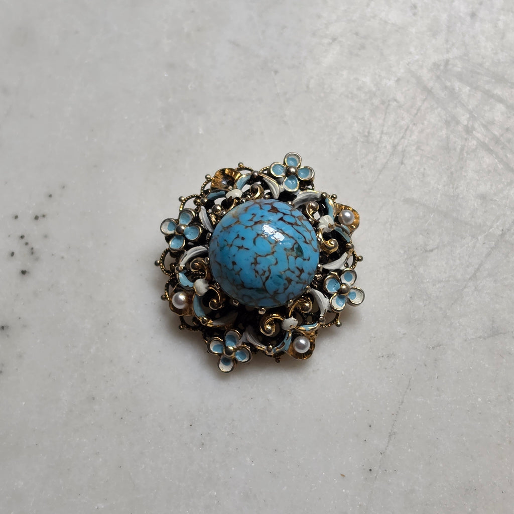 Vintage-Stil Brosche mit Türkis-Imitat, Emaille und Perlen
