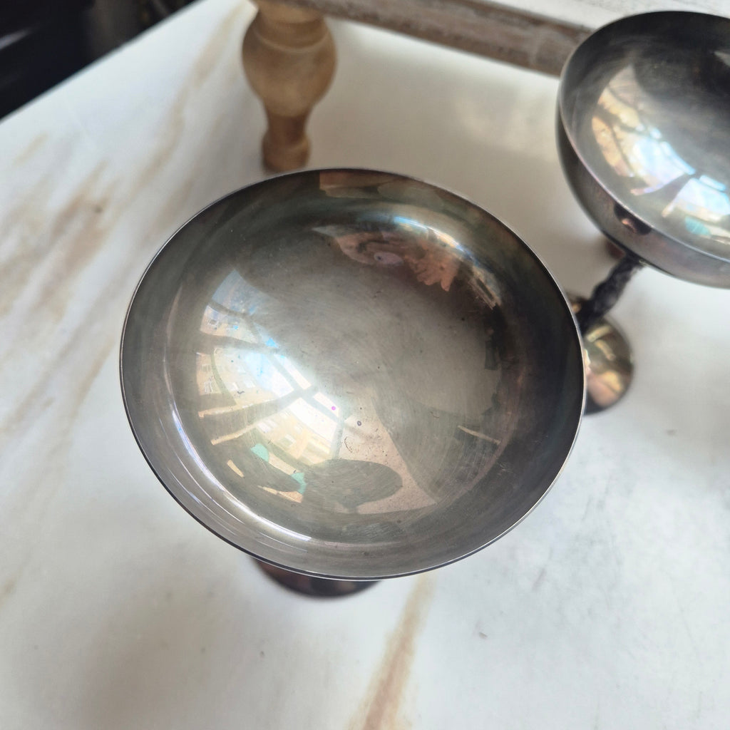 6x Dekorative Jugendstil Champagner Metallkelche versilbert - zum aufpolieren! "Eva mit Apfelbaum"
