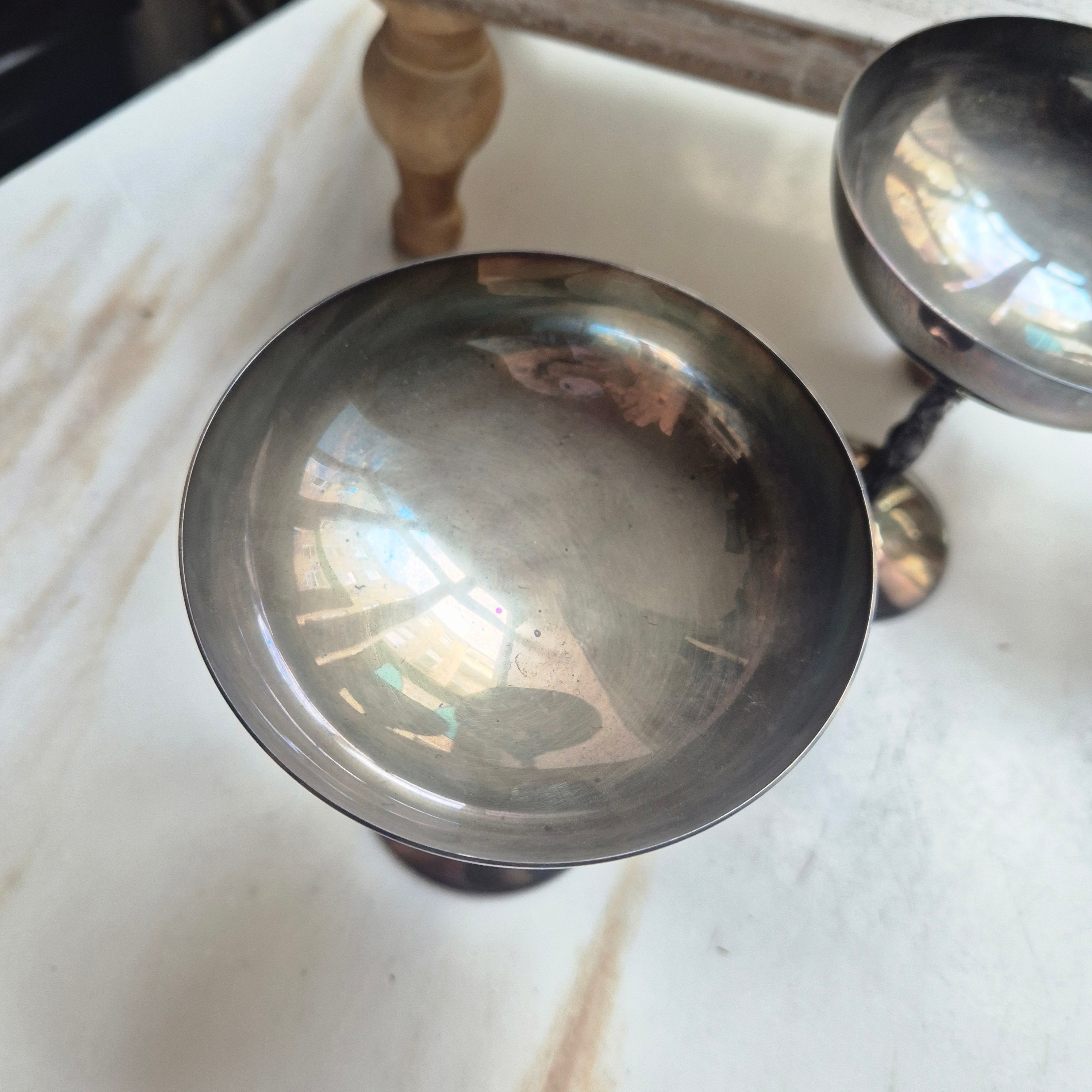 6x Dekorative Jugendstil Champagner Metallkelche versilbert - zum aufpolieren! "Eva mit Apfelbaum"