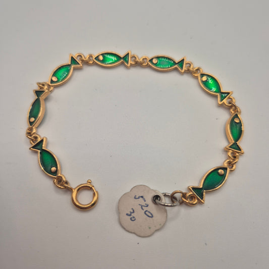 Goldenes Vintage Armband mit grünen Emaille-Fischen 70er Jahre