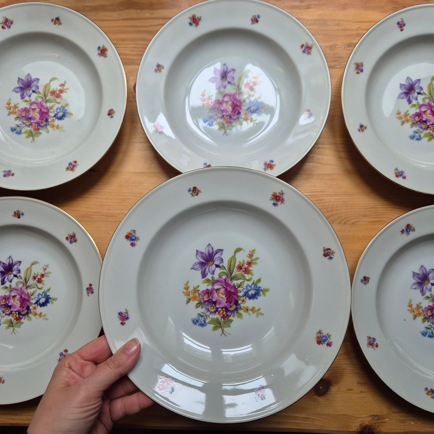 6x Antike Suppenteller Blumendekor weiß Goldrand Koenigszelt Made in Poland