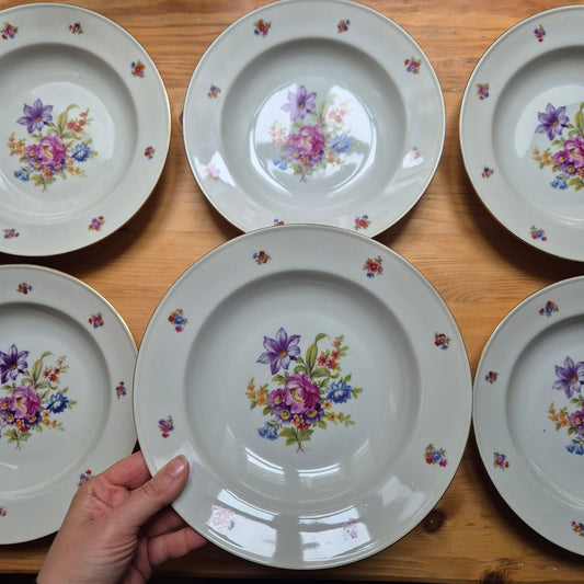 6x Antike Suppenteller Blumendekor weiß Goldrand Koenigszelt Made in Poland