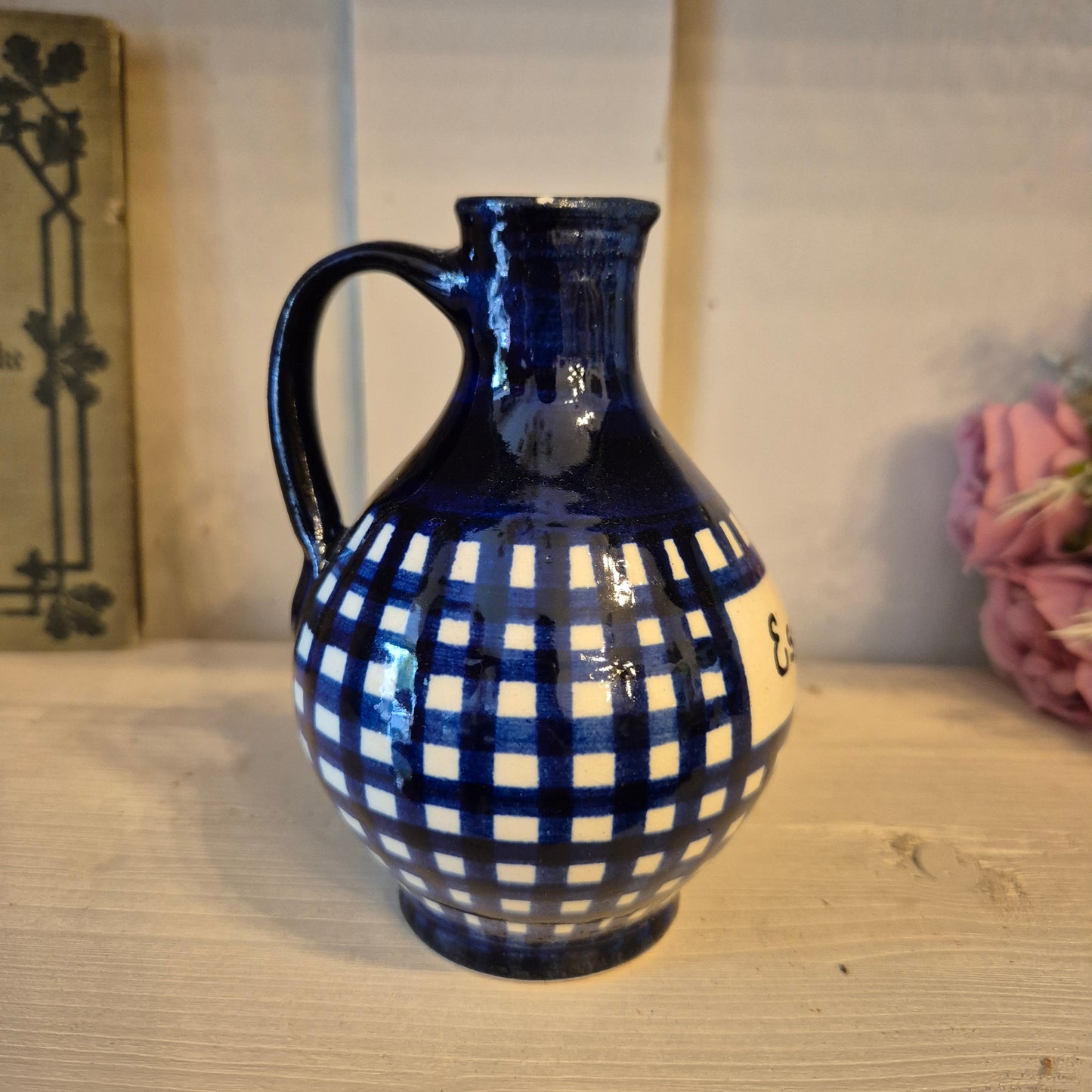 Alte kleine Keramik Essigkanne Kännchen mit Aufschrift " Essig" blau weiß
