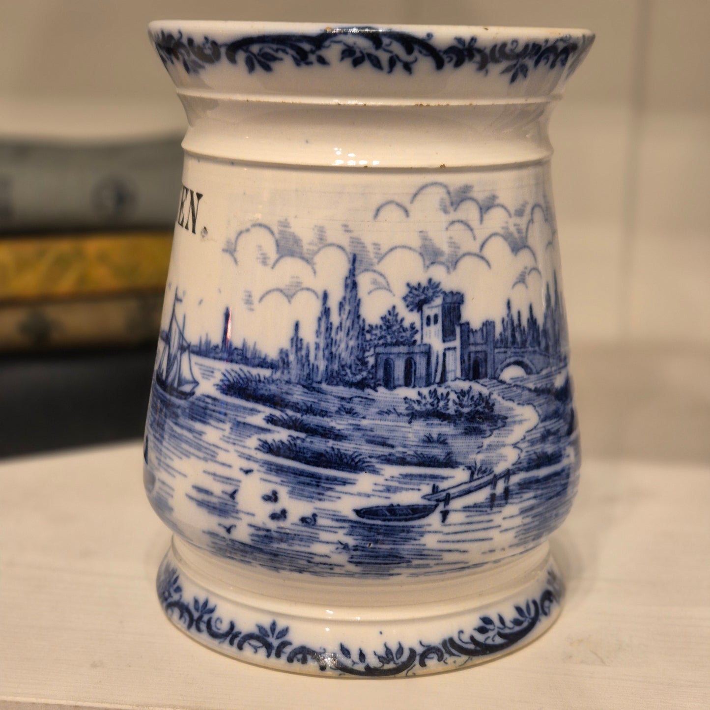 Antike H.H & Cie Delft Vorratsdose ohne Deckel blau weiß 120Jahre alt Kochlöffelhalter Aufschrift "Bohnen"