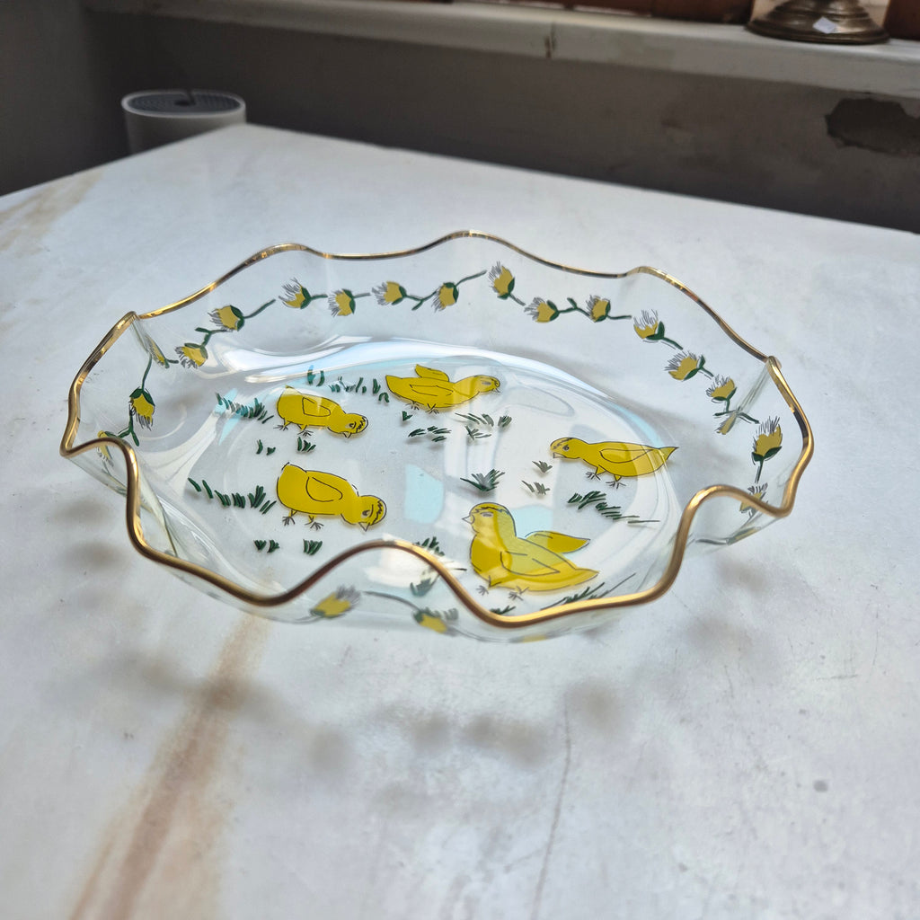 Vintage Küken Servierteller Ostern Glockenrand Gewellter Rand Glas