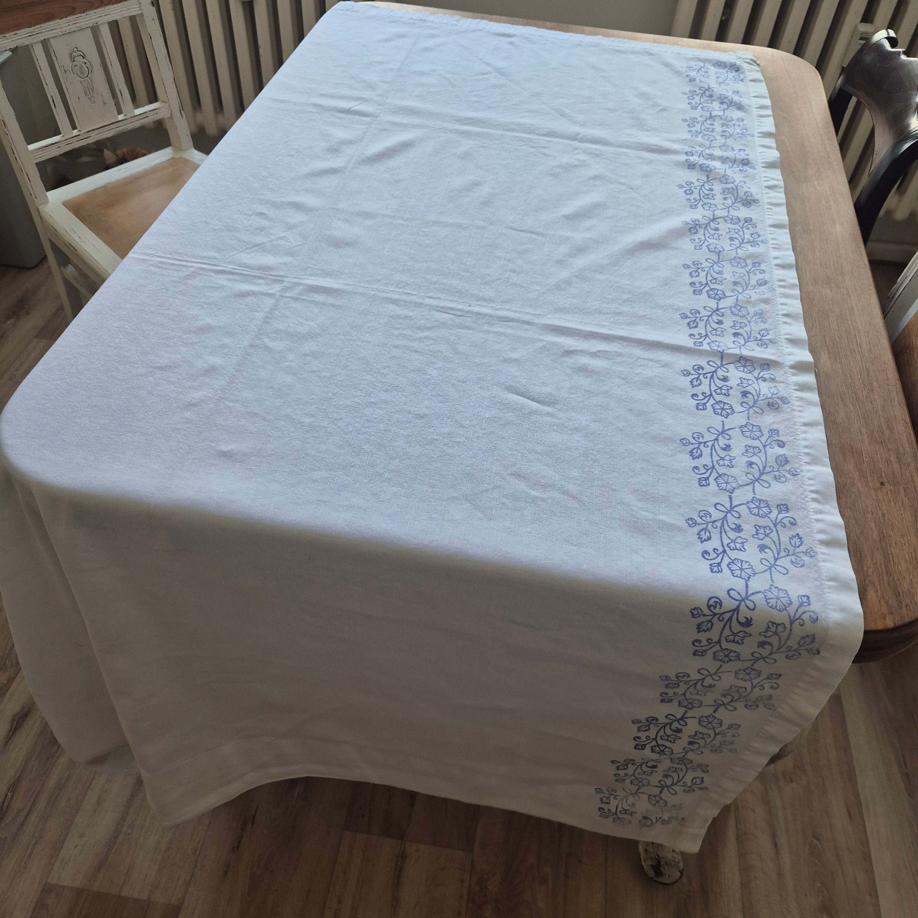 Vintage Baumwolle Gardine mit blauem Stempel Muster rechte Seite 118x166cm Handgemacht