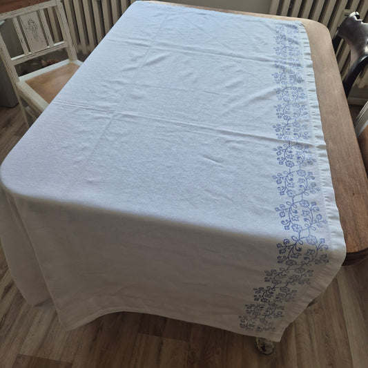 Vintage Baumwolle Gardine mit blauem Stempel Muster rechte Seite 118x166cm Handgemacht