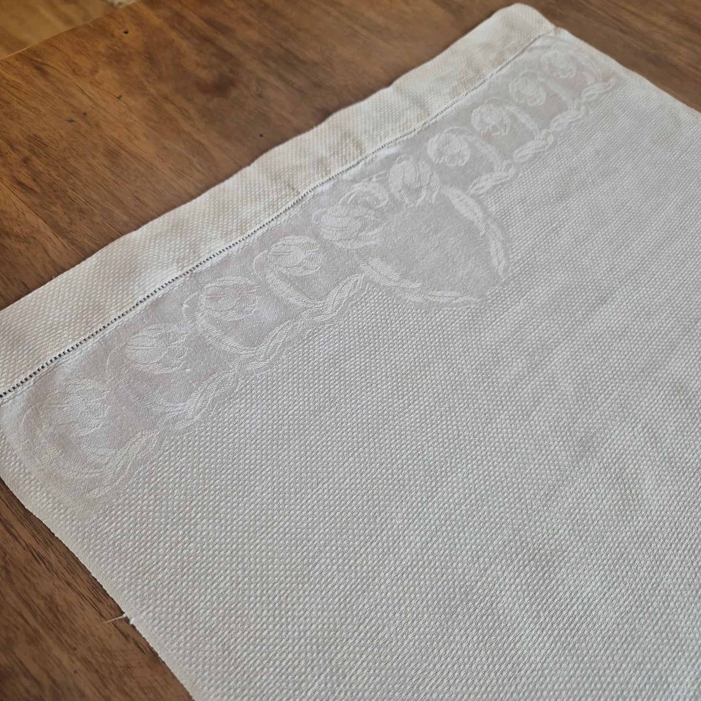 Antikes Jugendstil Küchen-&Geschirrtuch weiß Damast Baumwolle 49x90cm Tuplen