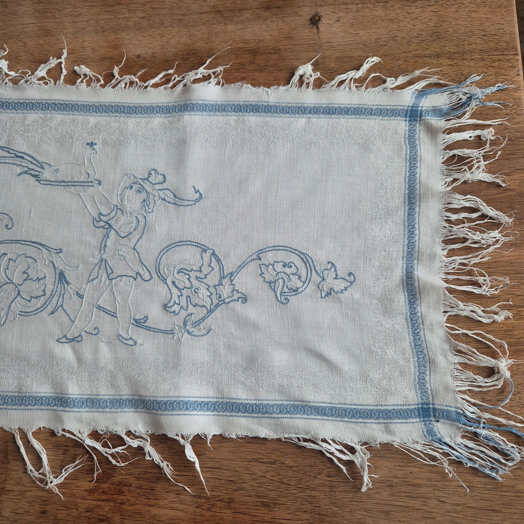 Antiker Baumwolle Tischläufer handbestickt mit mini Fleck! 32x170cm blau weiß