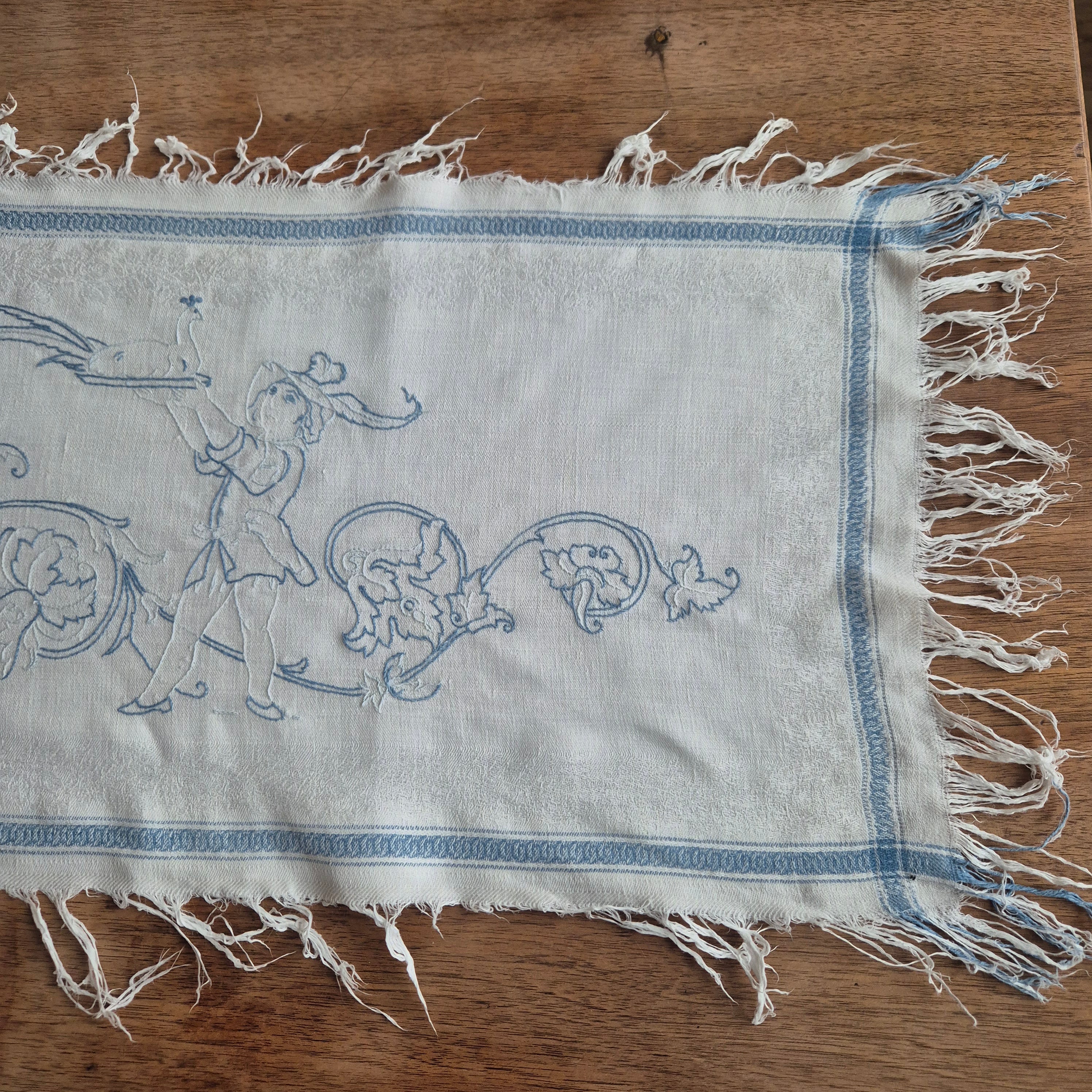Antiker Baumwolle Tischläufer handbestickt mit mini Fleck! 32x170cm blau weiß