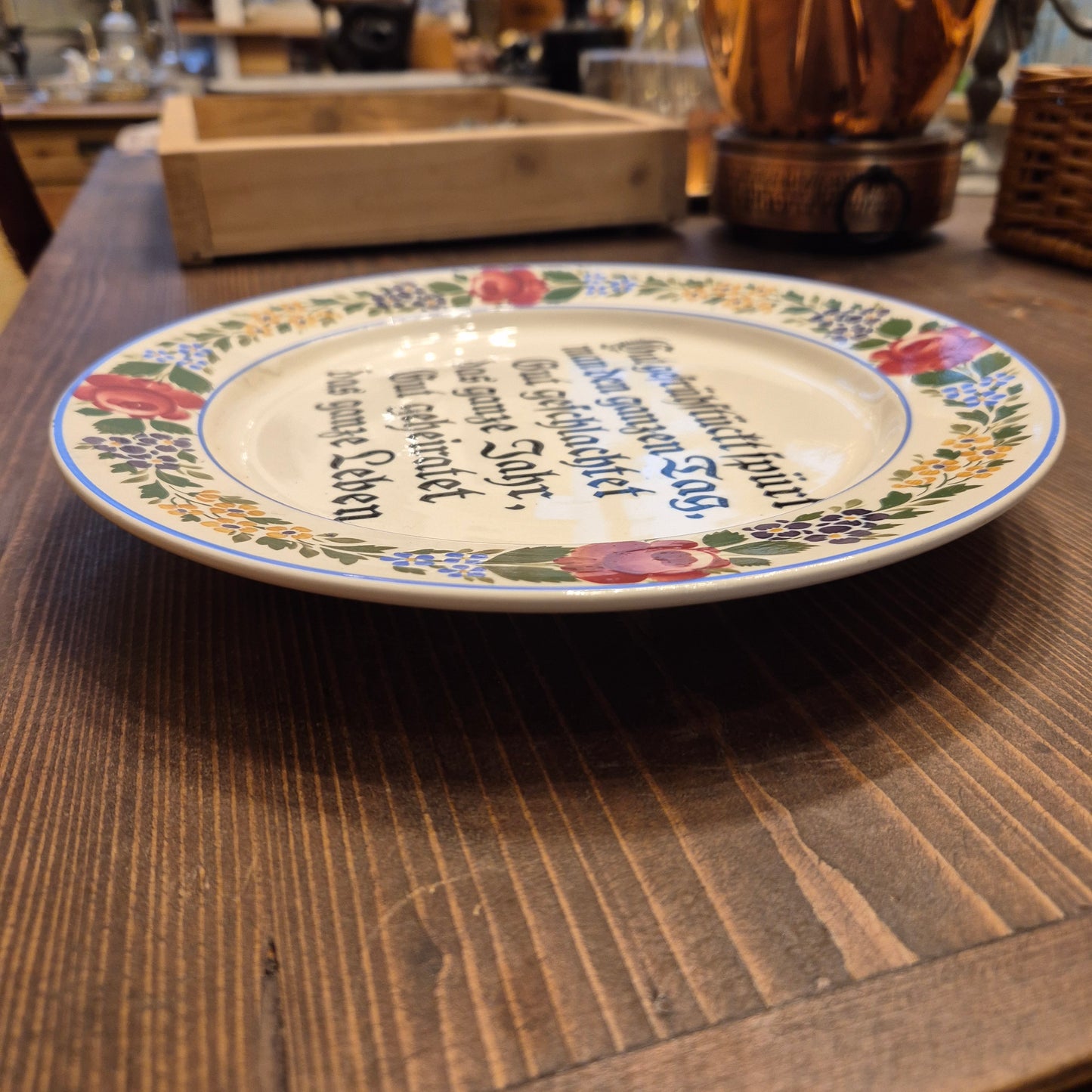 Antiker Keramik Wandteller Geschenk zur Hochzeit mit Spruch Erinnerung Handbemalt Blumen Waechtersbach Germany