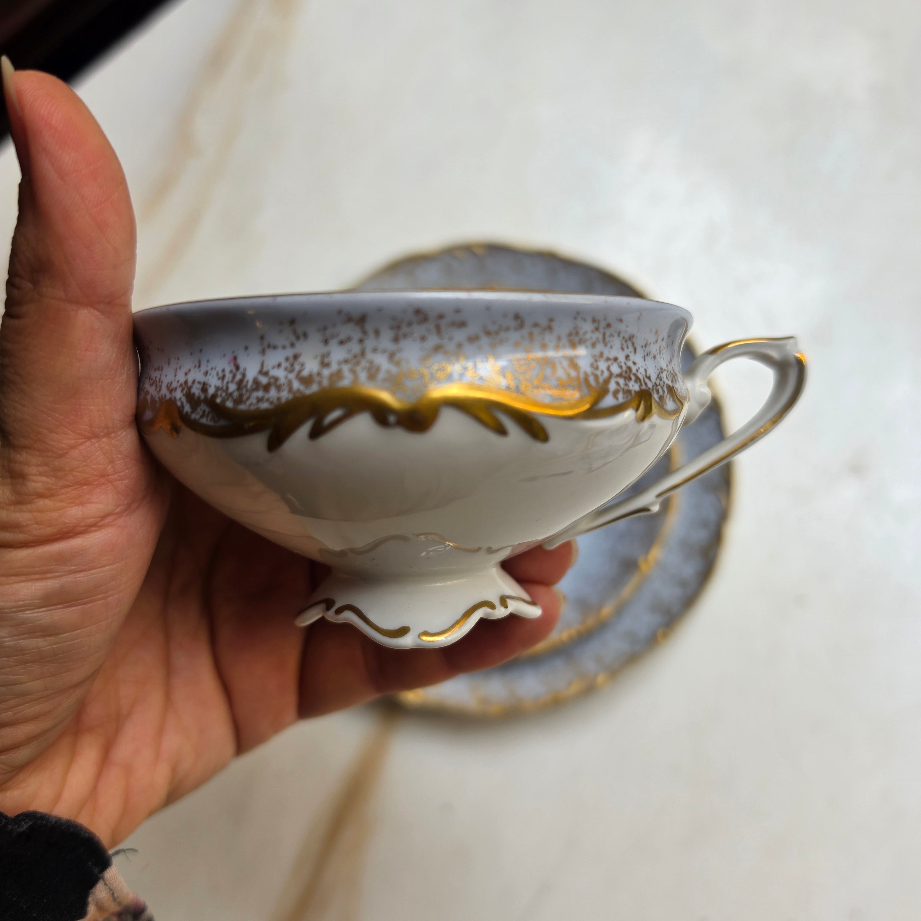 Prachtvolles 3-teiliges Schierholz Plaue Porzellan-Gedeck – Gold-Staub auf Hellblau – Vintage