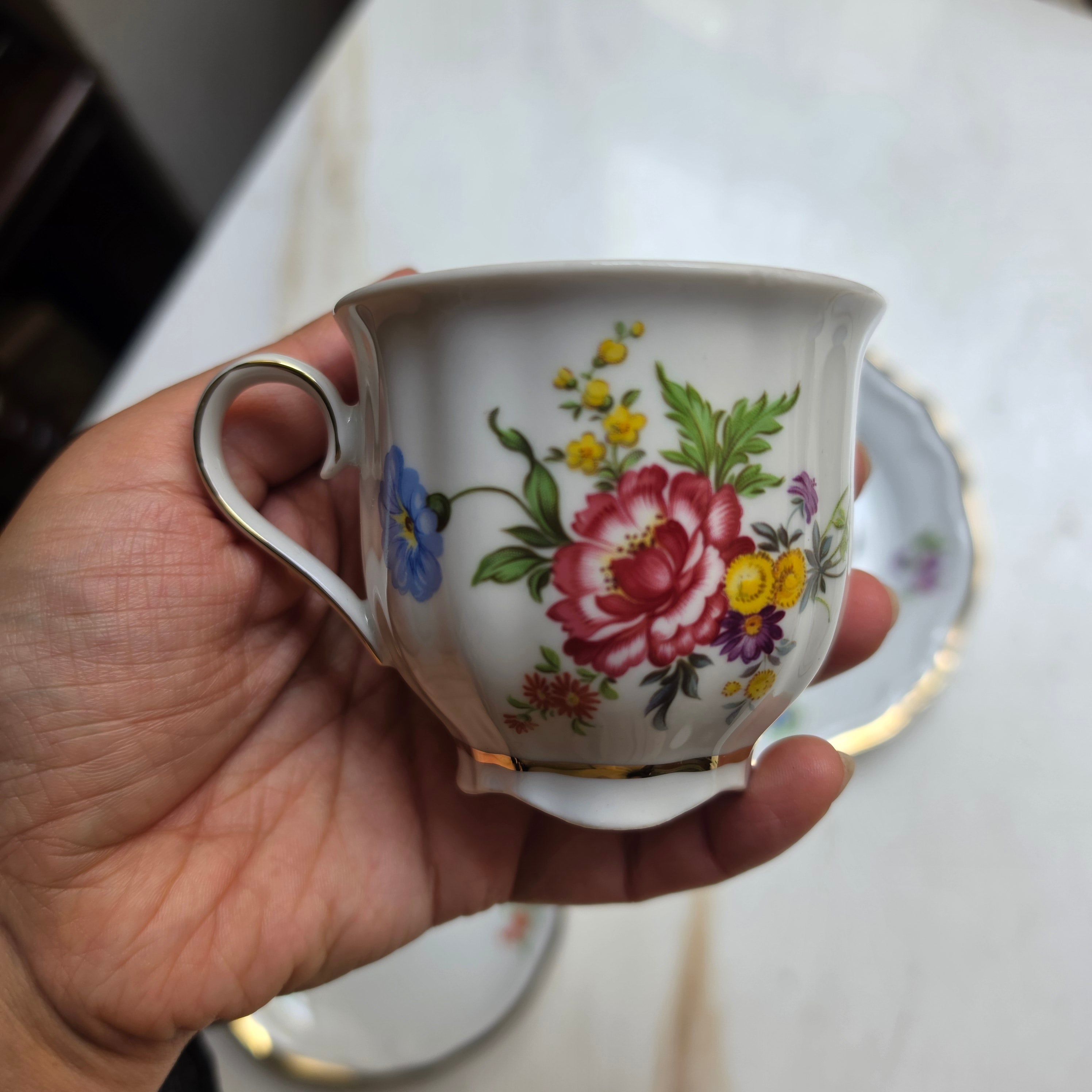 Vintage Schirnding Bavaria 3-teiliges Kaffeegedeck – Romantisches Blumendekor mit Goldrand