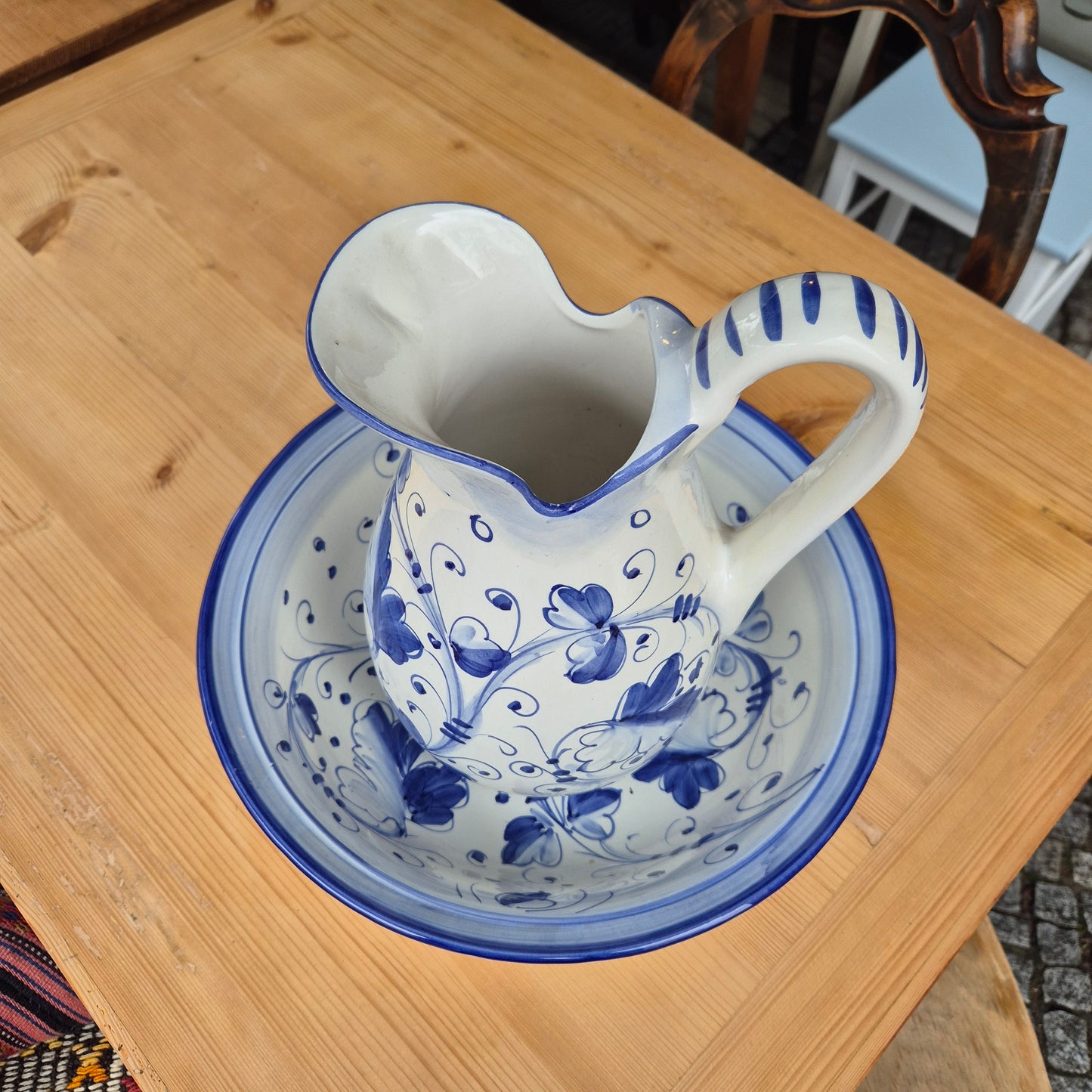 Vintage Krug mit Waschschüssel Keramik blau weiß