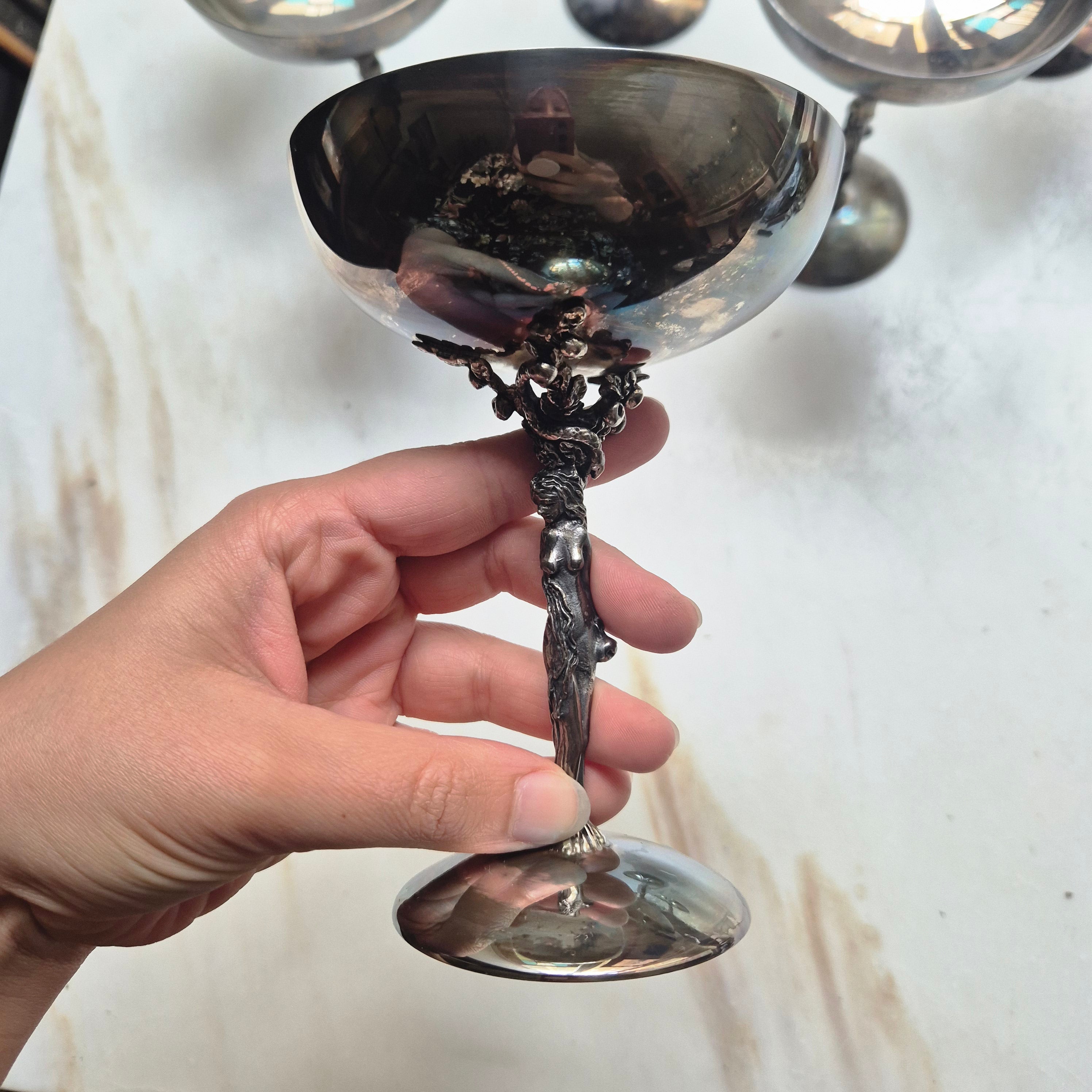 6x Dekorative Jugendstil Champagner Metallkelche versilbert - zum aufpolieren! "Eva mit Apfelbaum"