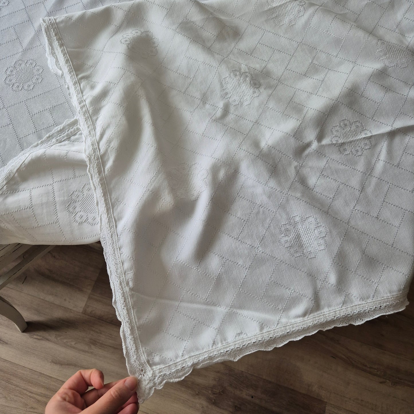 Antike große Tischdecke Baumwolle mit geklöppeltem Rand weiß 120x335cm Tafel lang 🤍