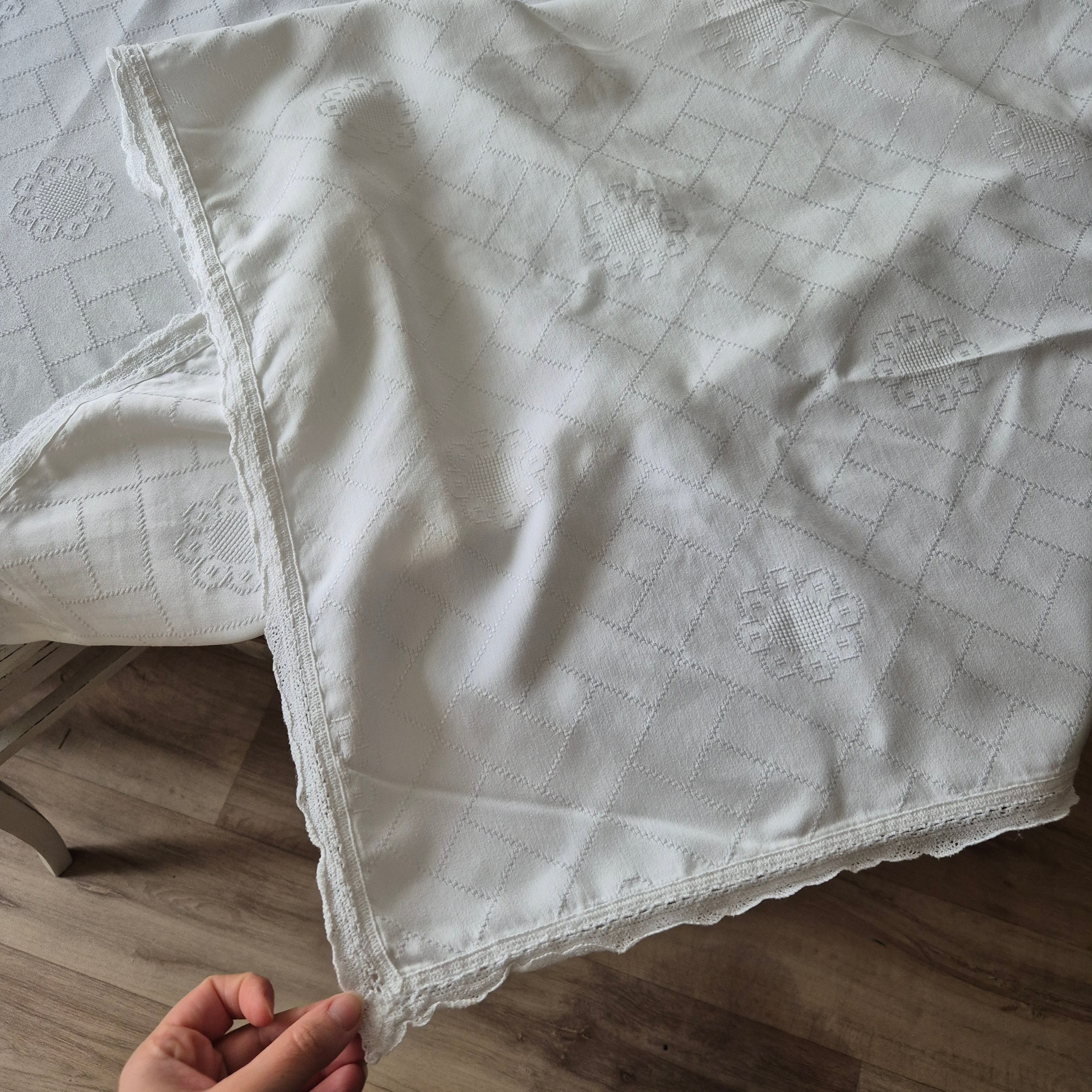 Antike große Tischdecke Baumwolle mit geklöppeltem Rand weiß 120x335cm Tafel lang 🤍