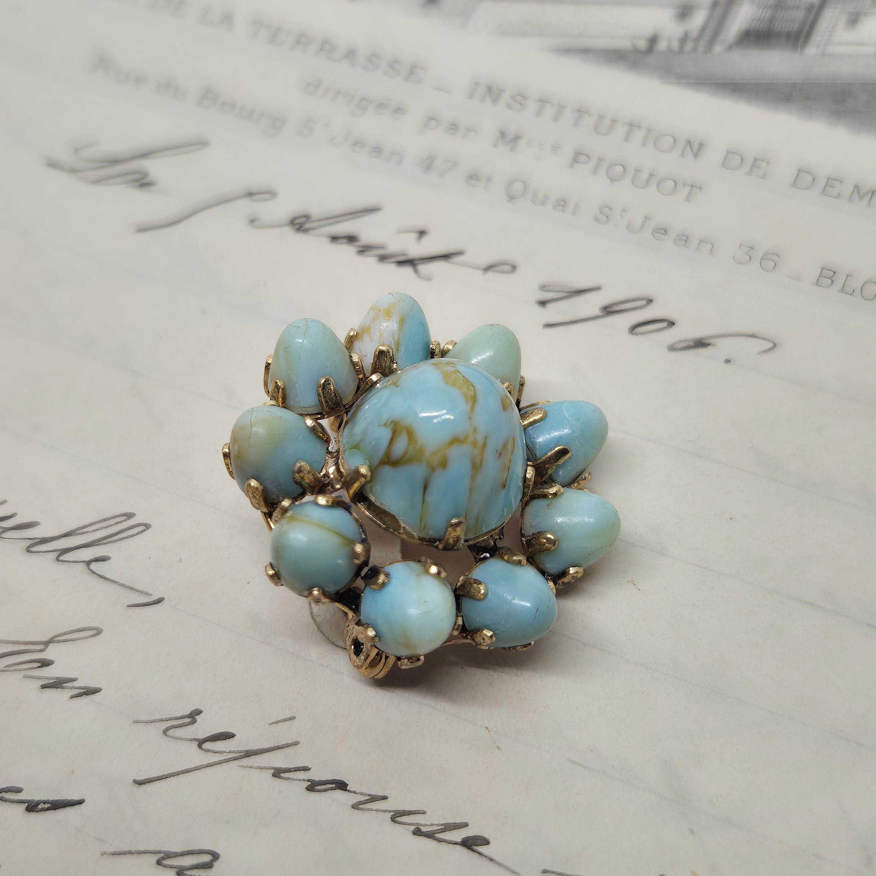 50er Jahre Vintage Brosche hellblau marmoriert Gold Vogelnest Eier Nummer 41