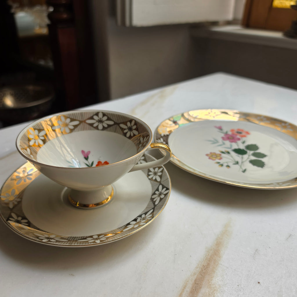 Vintage Porzellan Gedeck 3-teilig – Winterling Marktleuthen Bavaria mit Golddekor & Blumenmotiv