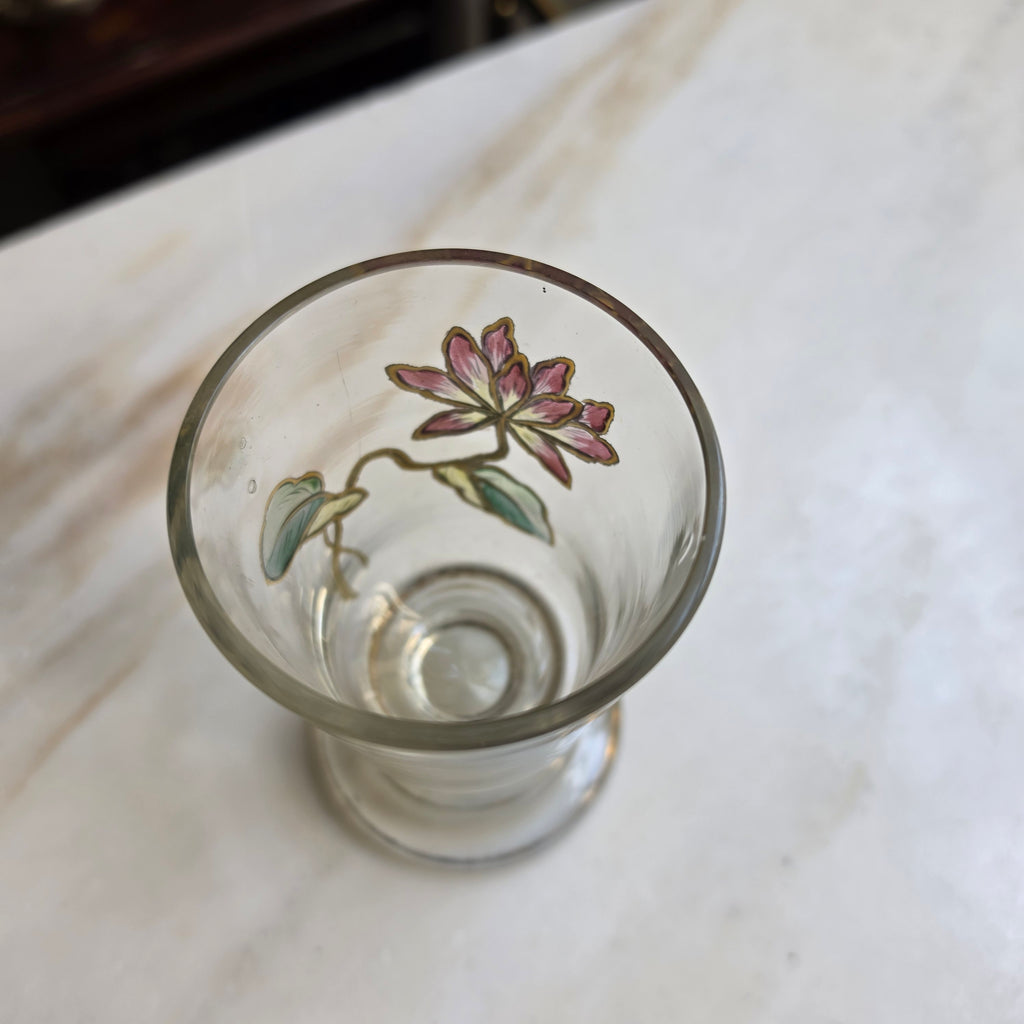 Antikes Jugendstil Likörglas / Schnapsglas – Handgemalt mit Emaille-Dekor & Goldstaffage - um 1900