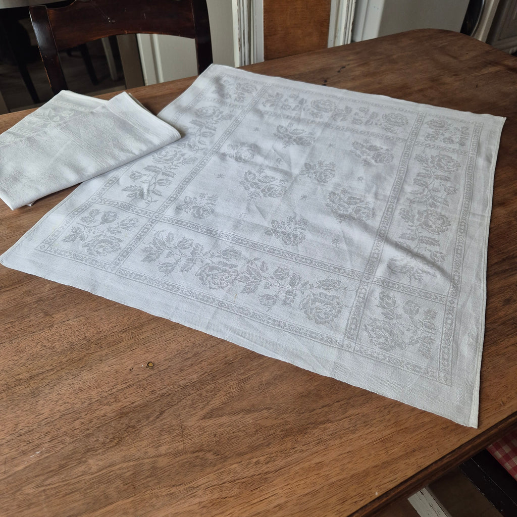 3x Antike Jugendstil Servietten/ Mitteldecken mit Rosenmuster 60x60cm