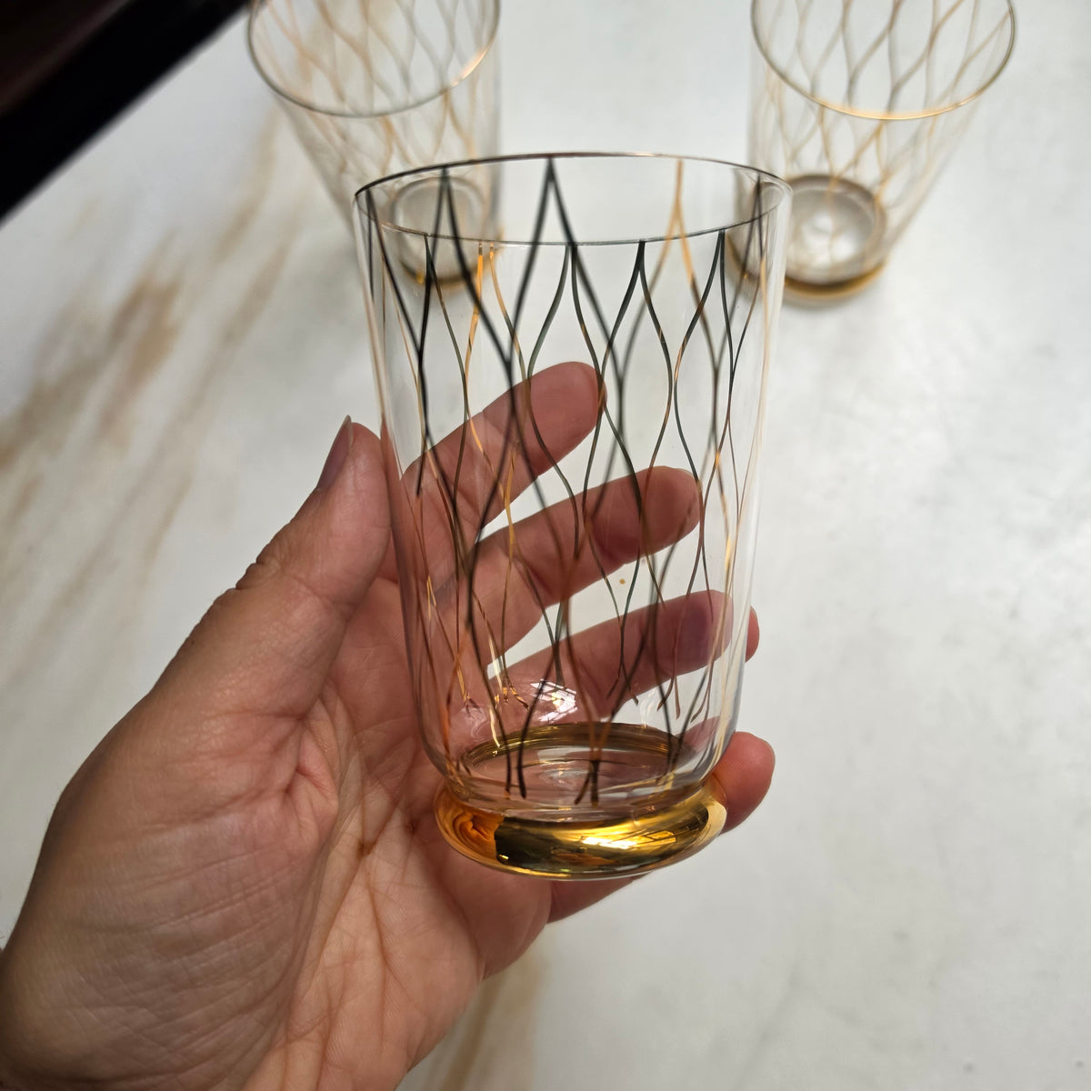 3x Vintage Mid-Century Wasser- & Longdrinkgläser mit Golddekor