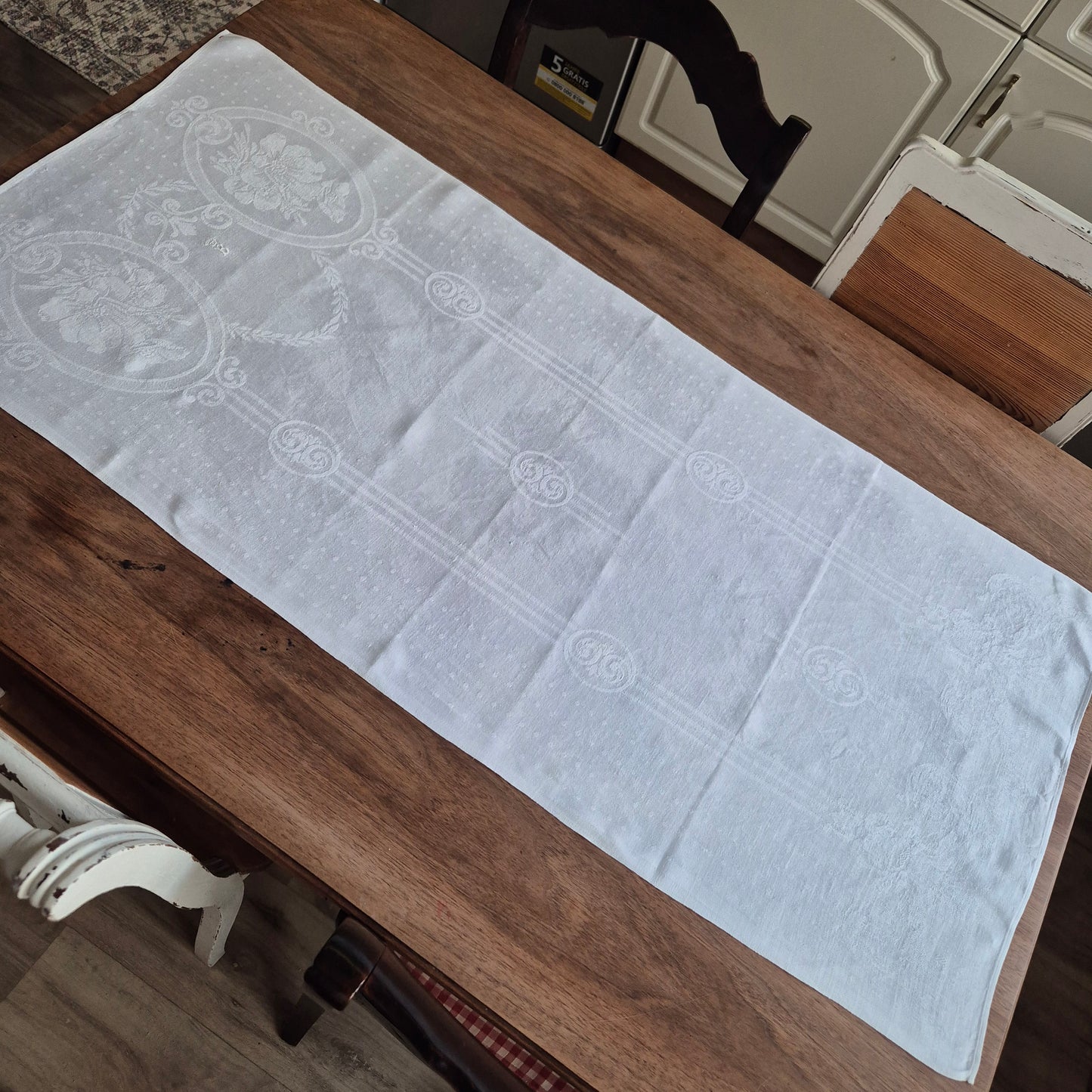 Jugendstil Küchen-&Geschirrtuch Damast mit Initialen B. und Krone 50x115cm Baumwolle weiß