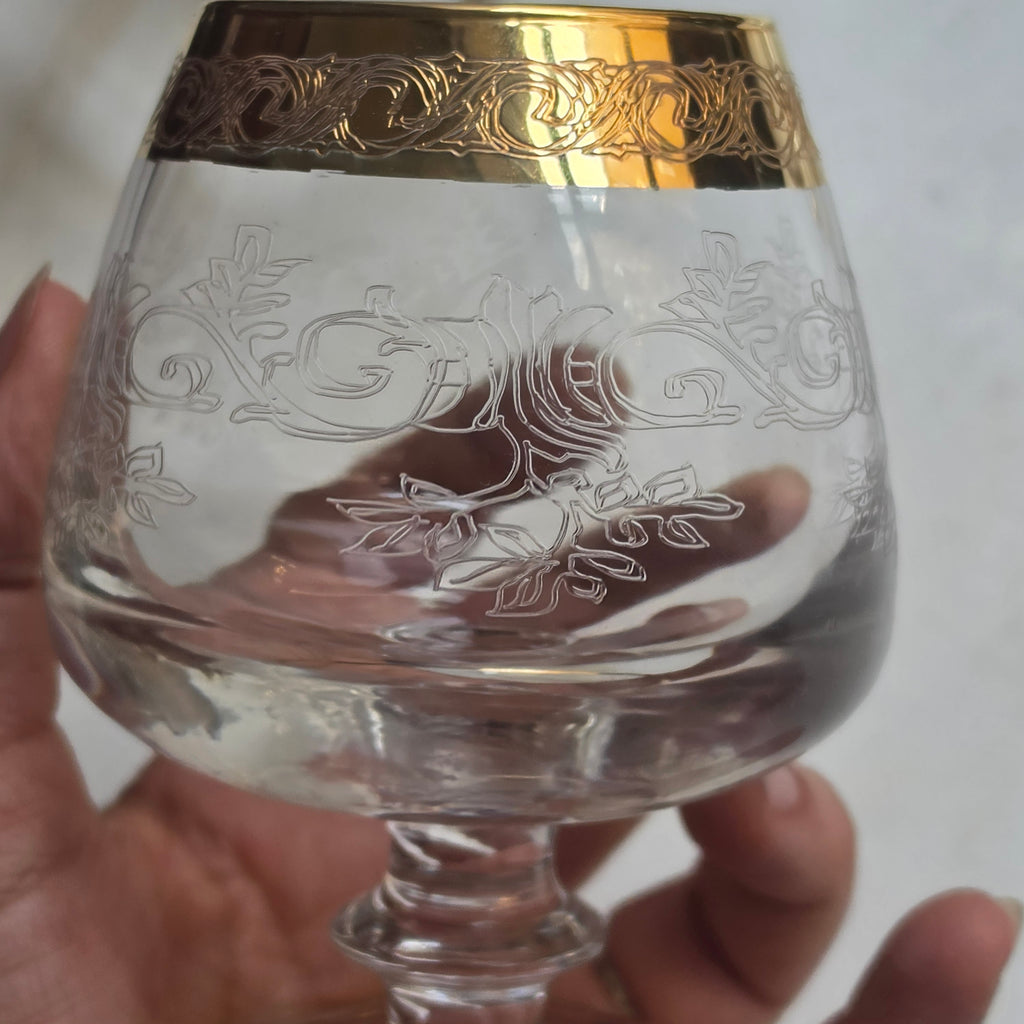 Vintage Cognacgläser / Schwenker mit Ätzdekor & Goldrand