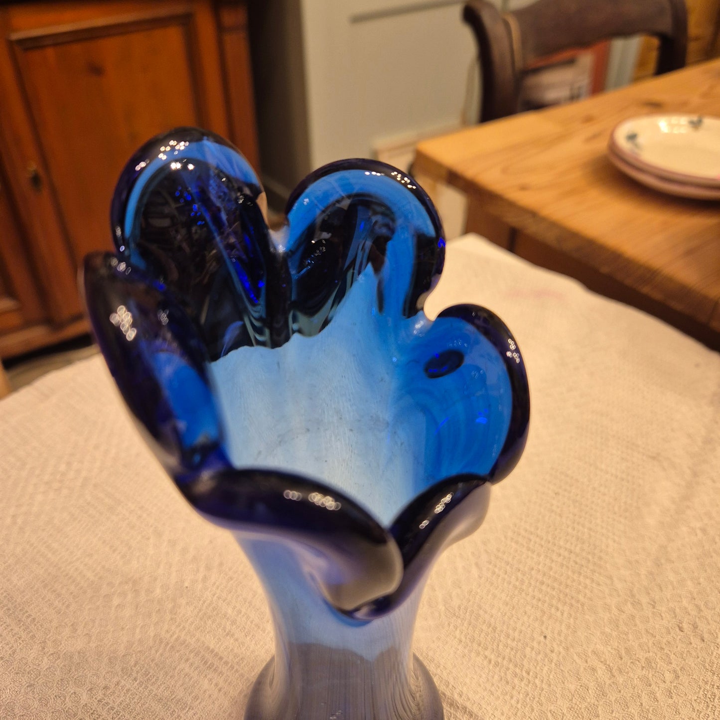 Vintage Glas Vase Glaskunst blau  Mid Century Swing 5 Finger Design Stretch