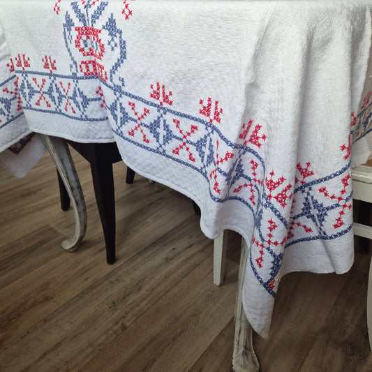Antike Leinen Baumwolle Tischdecke 150x190cm weiß mit Kreuzstickerei blau rot
