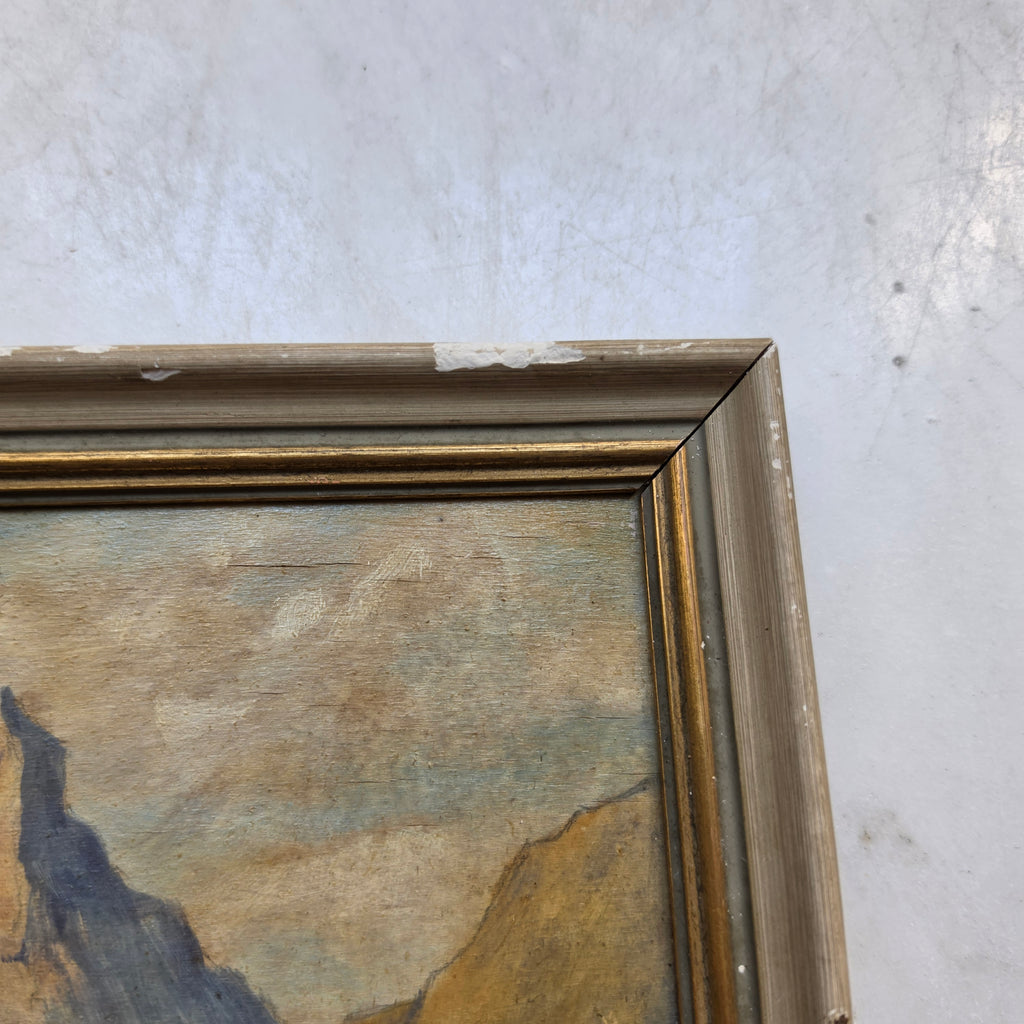 Antikes Ölgemälde „Alpenlandschaft mit Bergdorf & Bachlauf“ im rustikalen Vintage-Holzrahmen