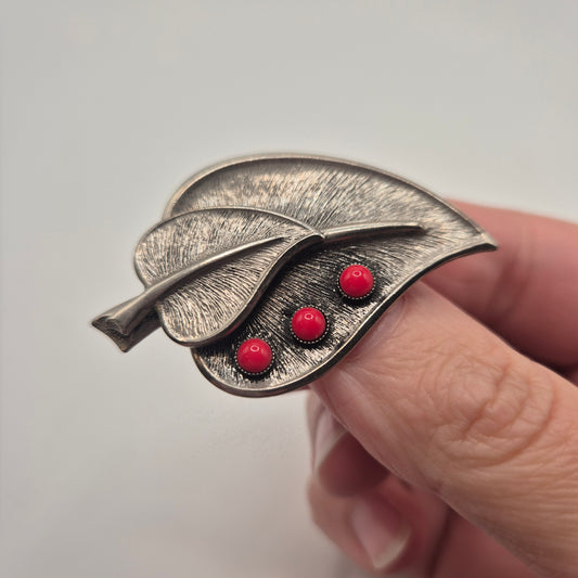 Vintage Brosche Blatt silber rot 70er Jahre