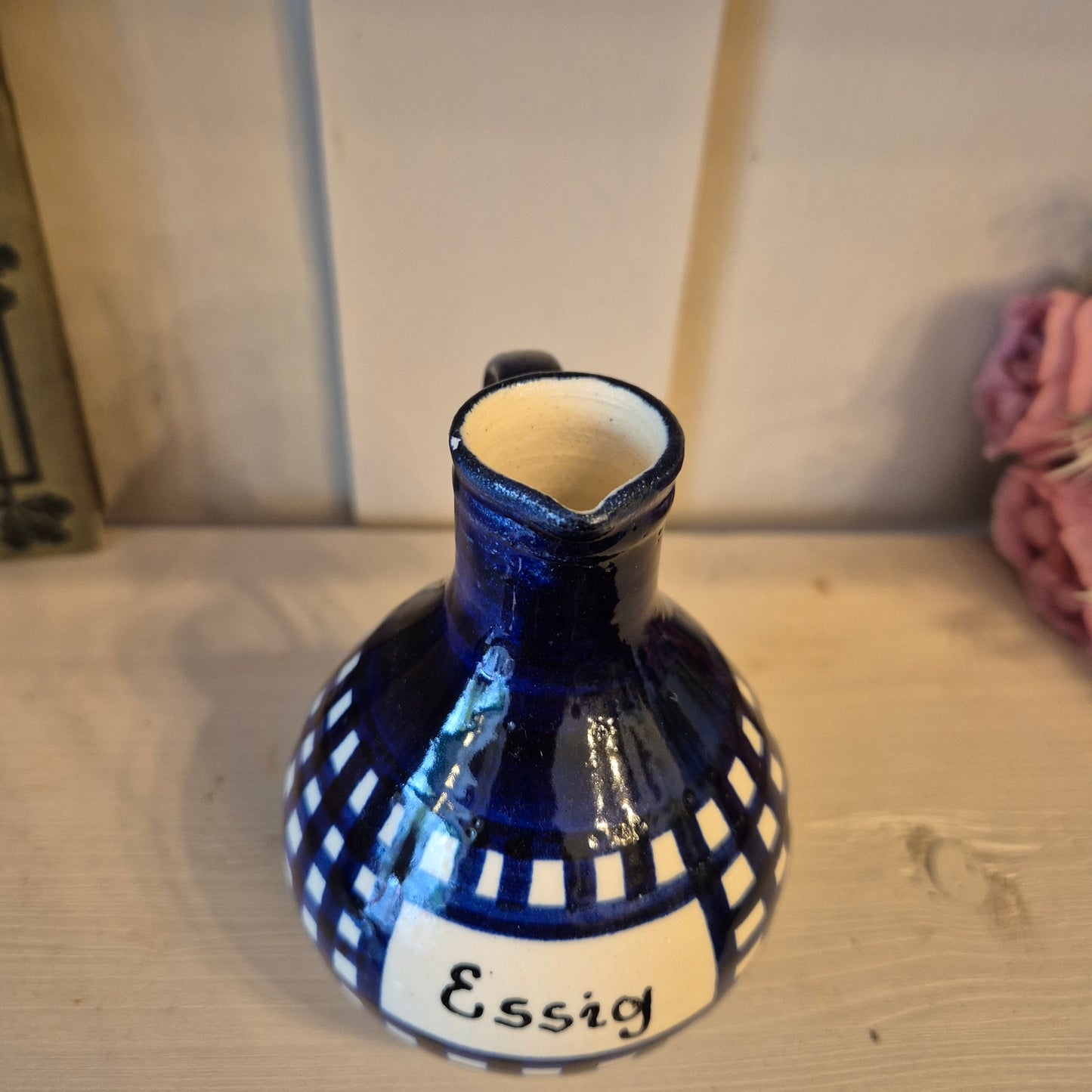 Alte kleine Keramik Essigkanne Kännchen mit Aufschrift " Essig" blau weiß