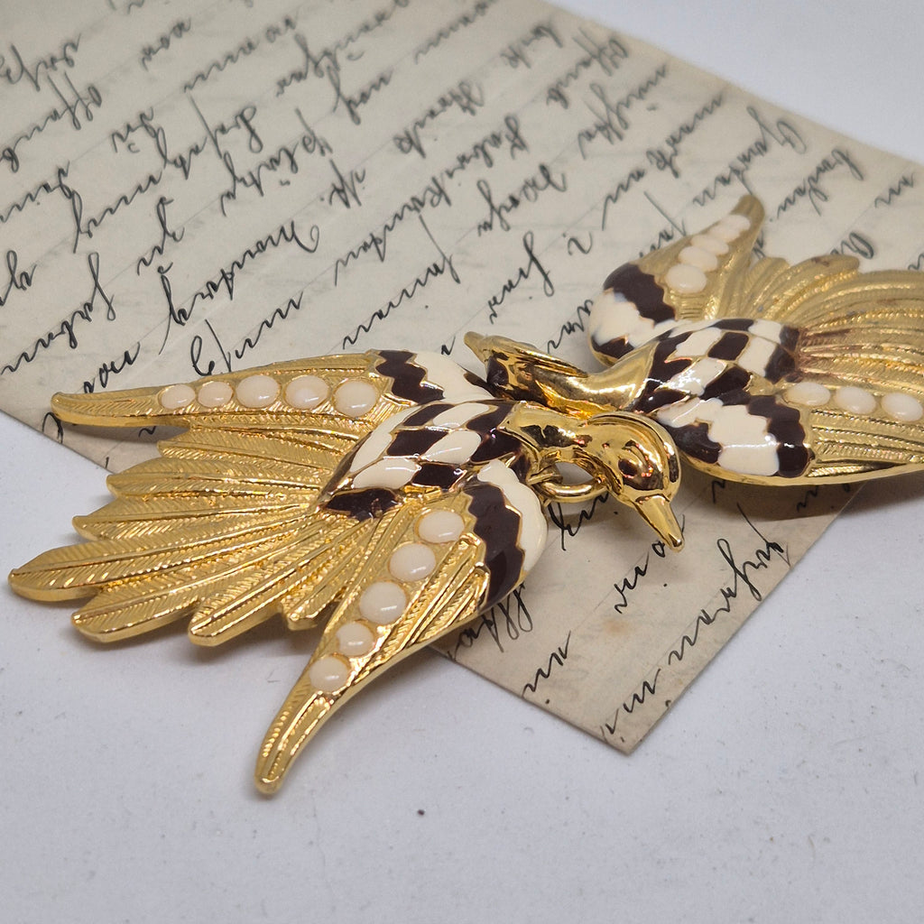 Vintage Gürtelschnalle 2-Teilig Trachtenschnalle Taillengürtel aus den 80ern-Handmade aus Berlin gold braun weiß Schwan Kranich Vogel