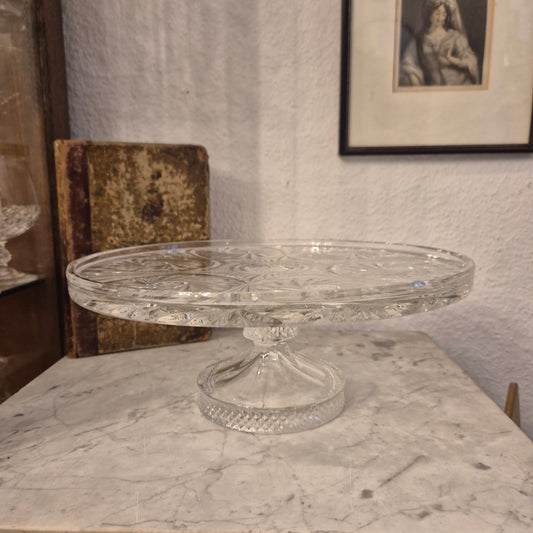 Vintage Bleikristall Kuchenplatte/Tortenplatte Ständer mit Fuß 60er Jahre mit Muster Ornamenten