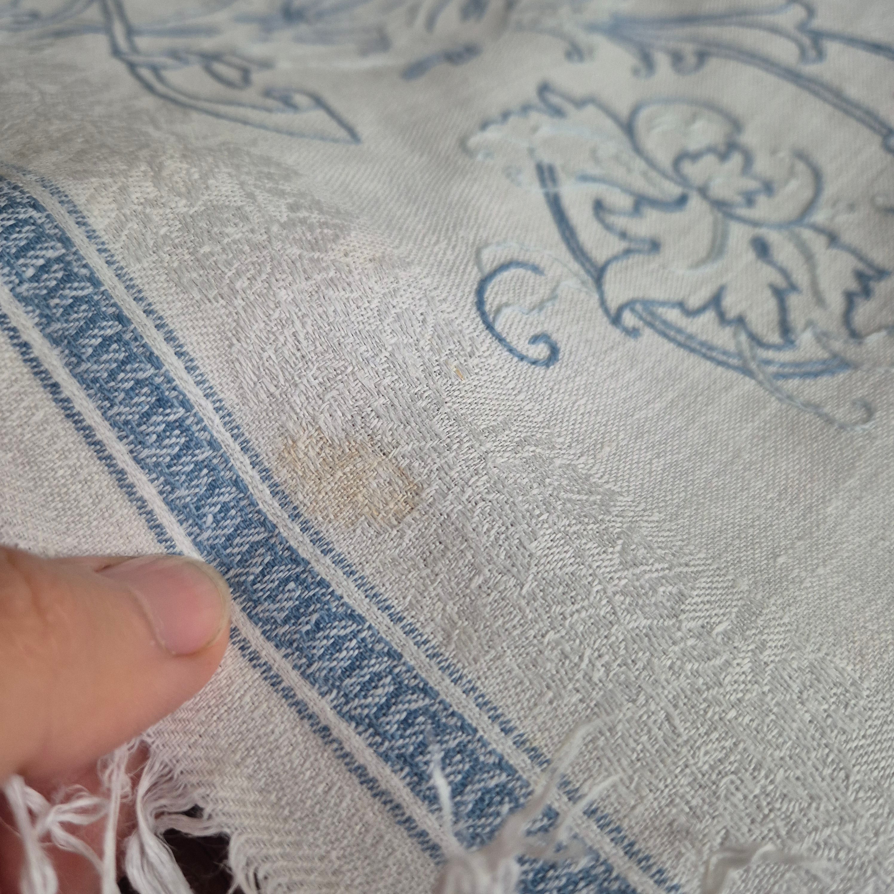 Antiker Baumwolle Tischläufer handbestickt mit mini Fleck! 32x170cm blau weiß