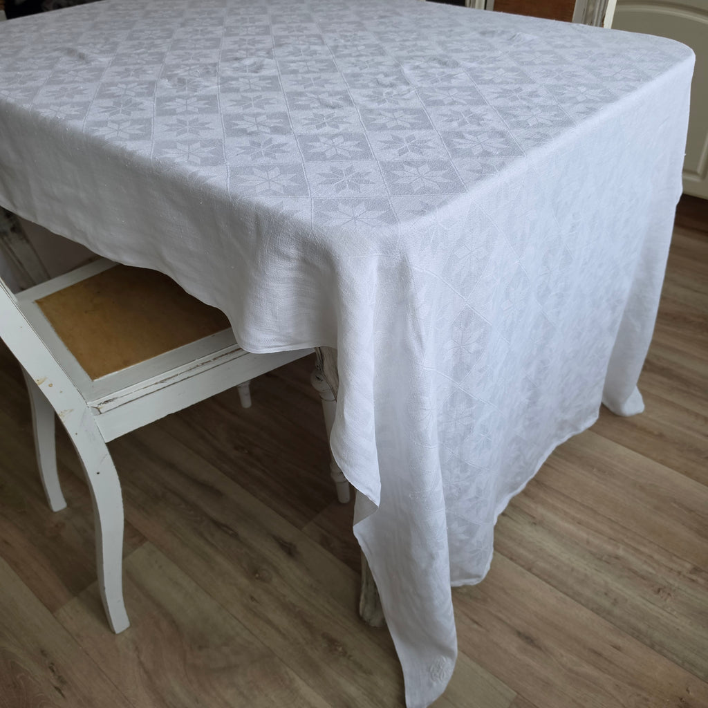 Antike Damast-Tischdecke Leinen | Sternenmuster & Mäander-Rand | Für Upcycling / Shabby 250x125cm