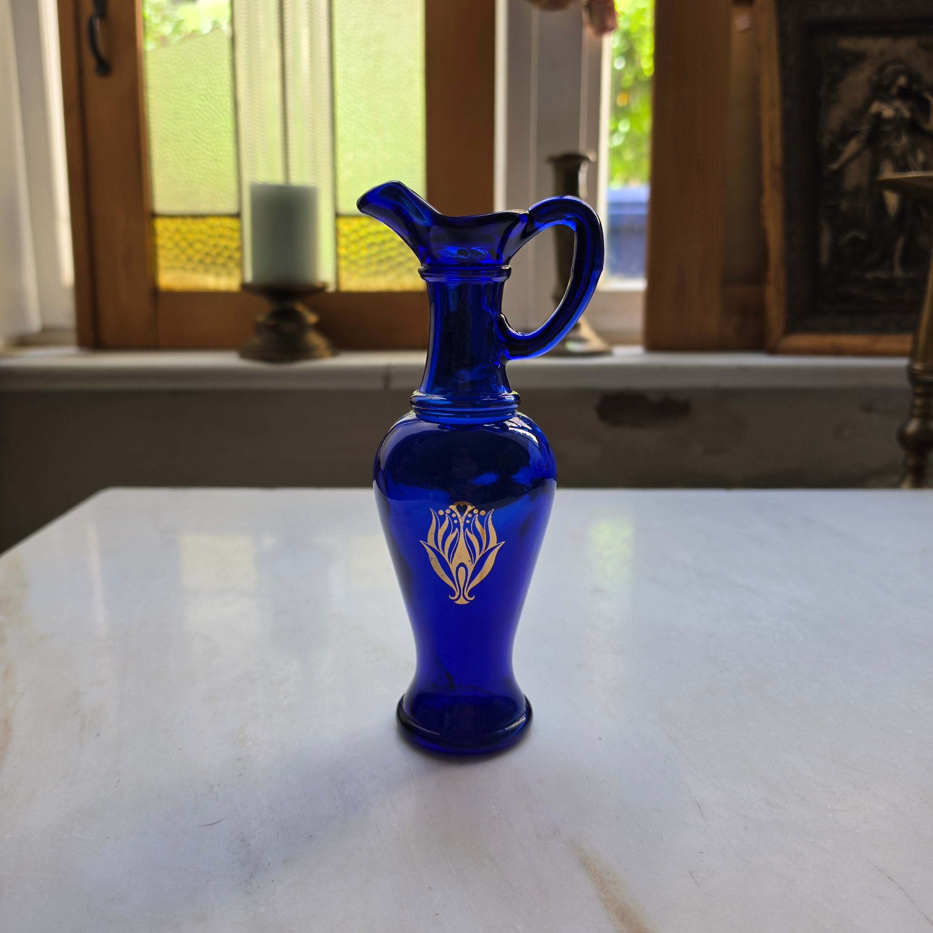 Blaue Glas Vase klein Pressglas gold