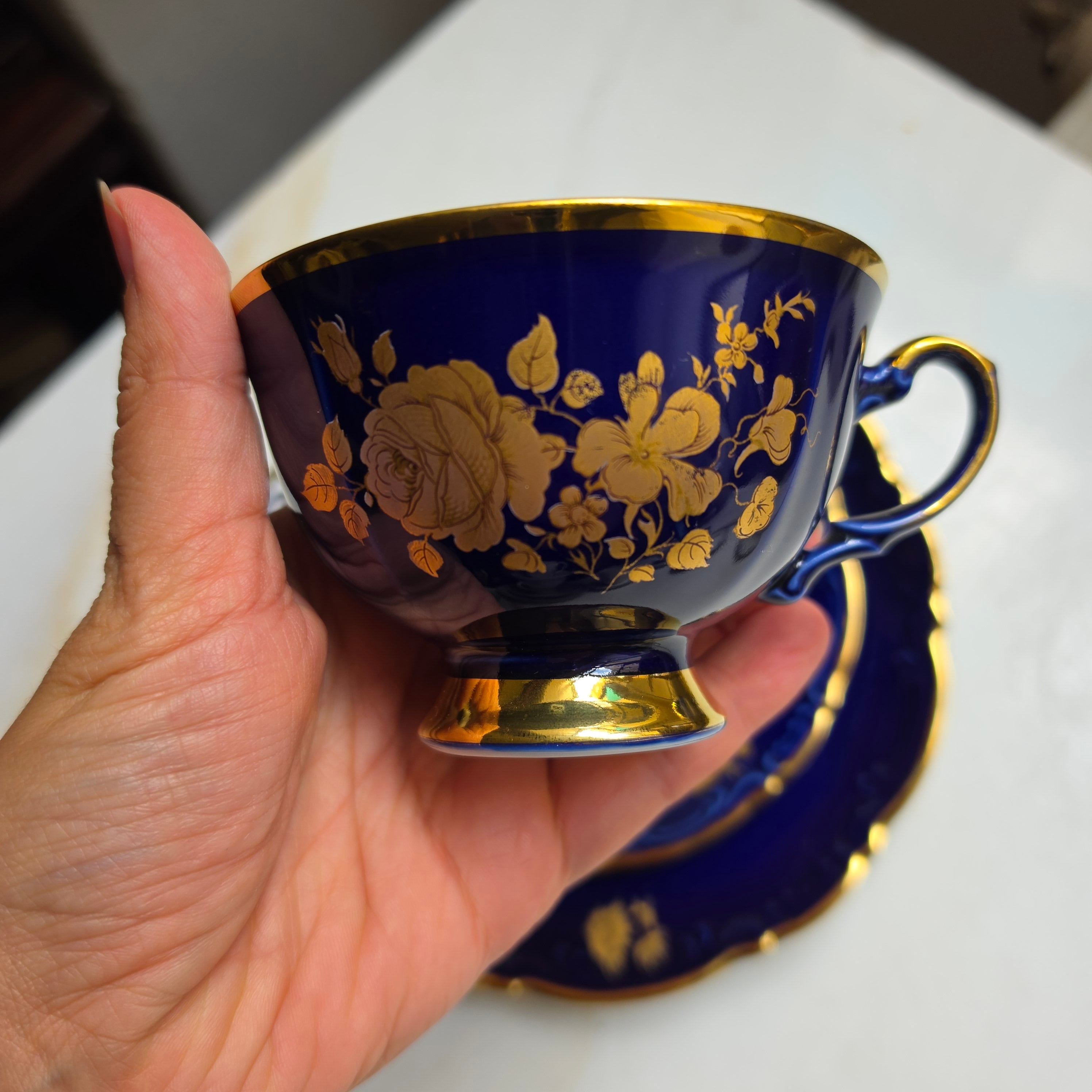 Vintage Mitterteich Bavaria Porzellan Sammelgedeck – Kobaltblau mit Golddekor (3-teilig)