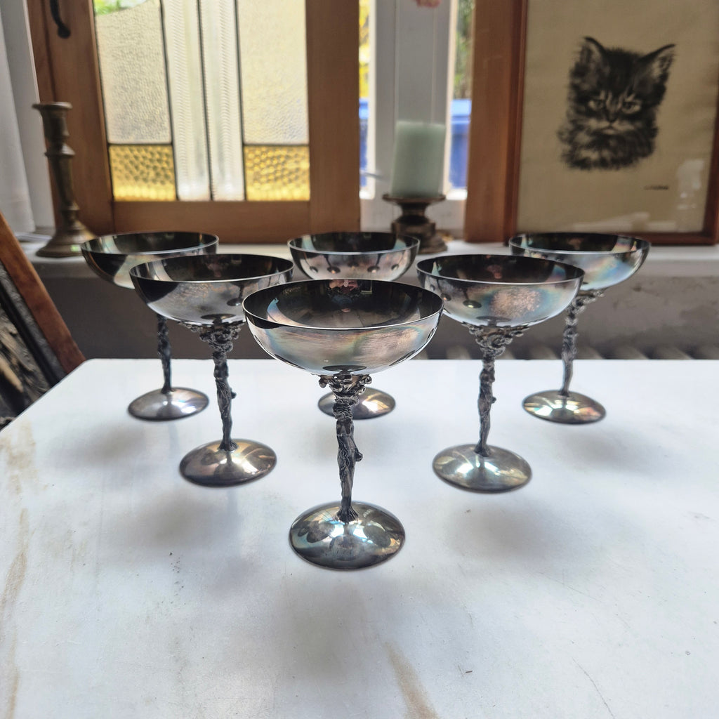 6x Dekorative Jugendstil Champagner Metallkelche versilbert - zum aufpolieren! "Eva mit Apfelbaum"